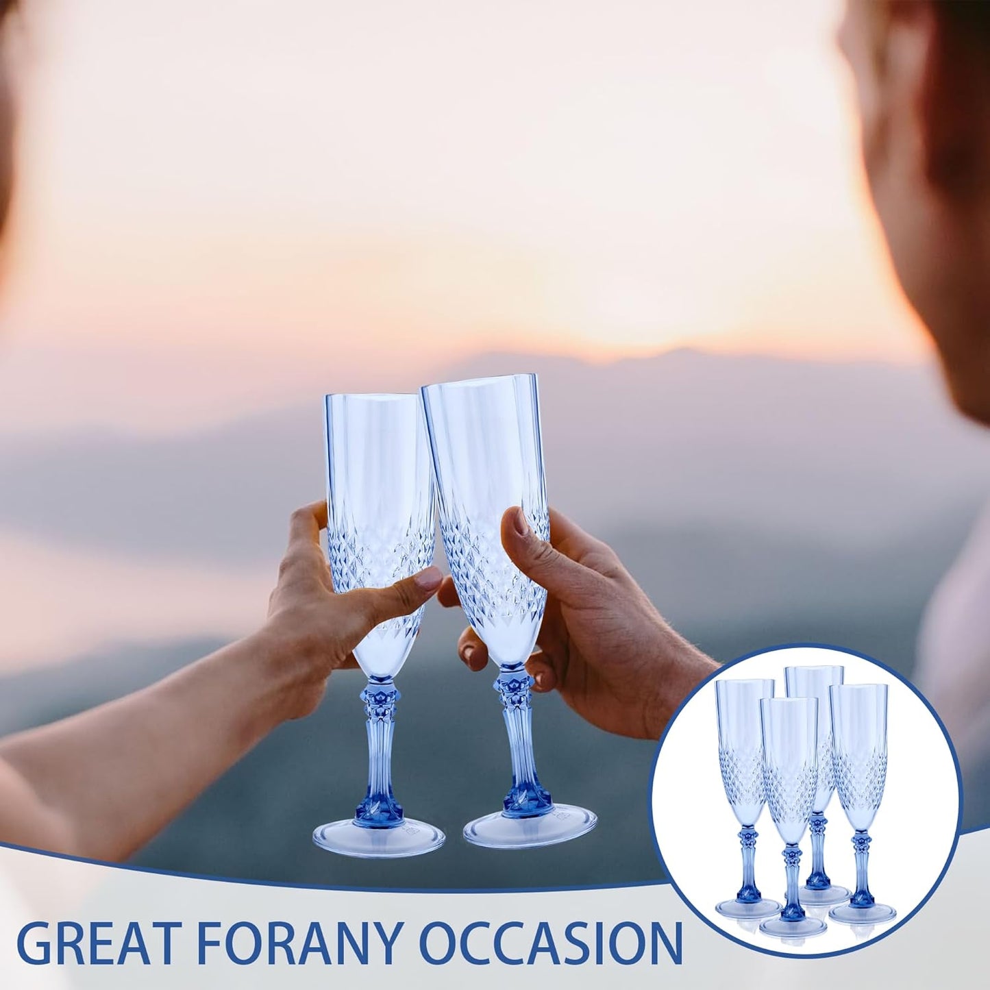 Plastic Champagne Flutes, 48PCS Blue Plastic Wine Glasses Goblets Reusable Champagne Flute for Weddings, Bachelor Parties, Toasting, and Events (48, Blue)