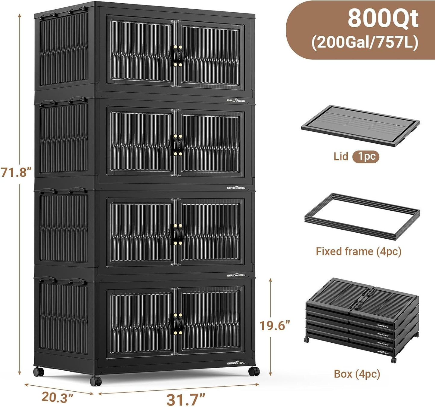 800Qt Extra Large Stackable Storage Bins with Lid, Closet Organizer Collapsible Drawer Boxes with Wheels, Folding Plastic Cabinet Containers for Home Kitchen Room Organization, 4Pack Black