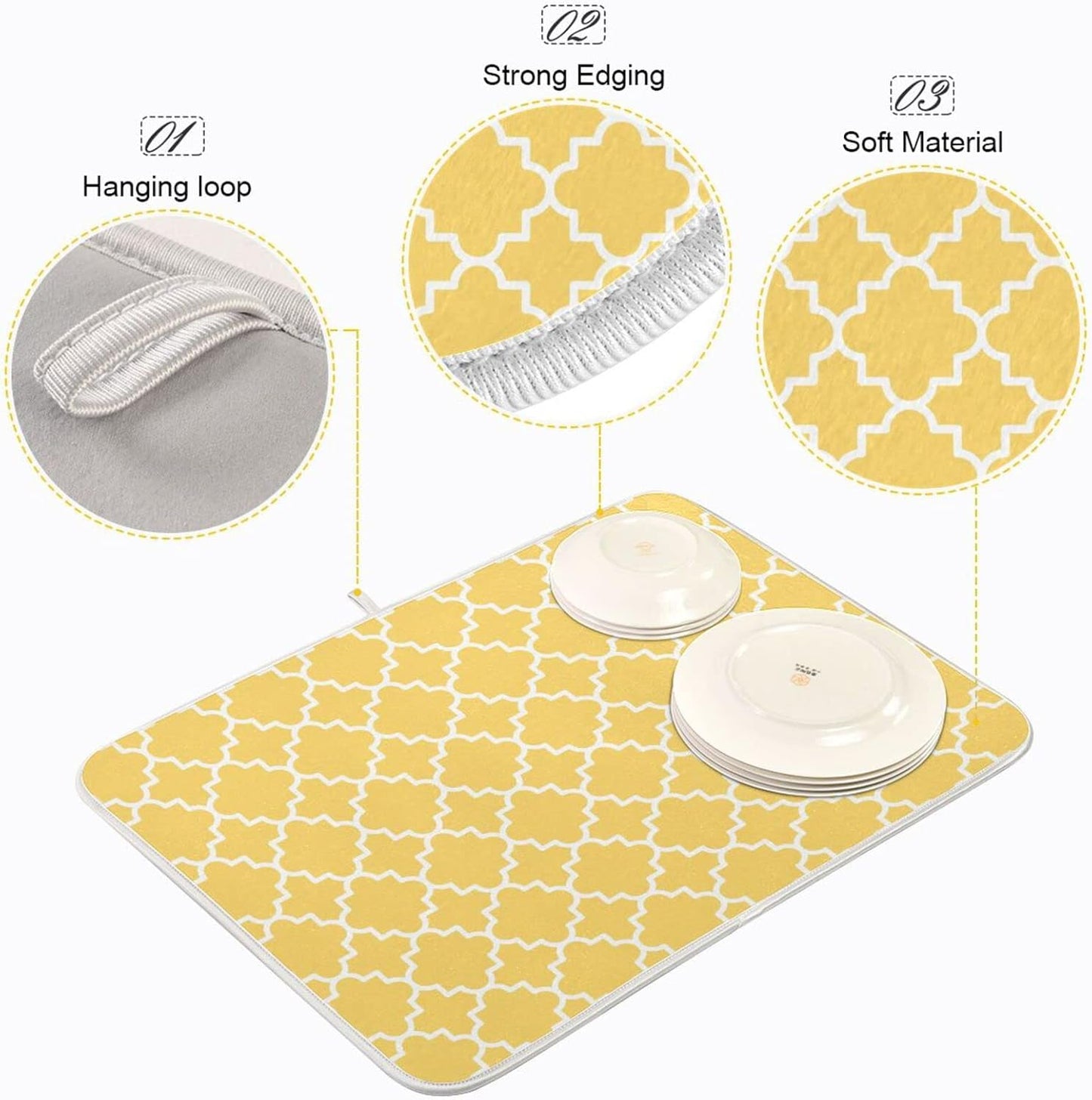 Super Absorbent Dish Drying Mat, Microfiber Fast-Drying Dish Mat, 24" x 18", Kitchen Dish Drying Pad, Quatrefoil Lattice Yellow Pattern