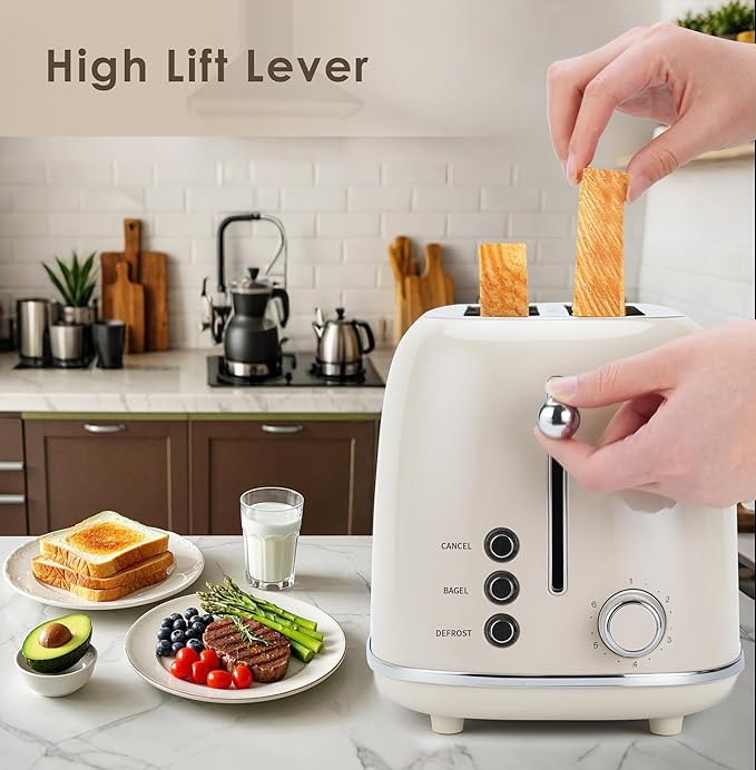 Roter Mond 4 Slice Toaster Retro Stainless Steel Toaster with Bagel, Cancel, Defrost Function and 6 Bread Shade Settings Bread Machine, Long Extra Wide Slots and Removable Crumb Tray, Cream