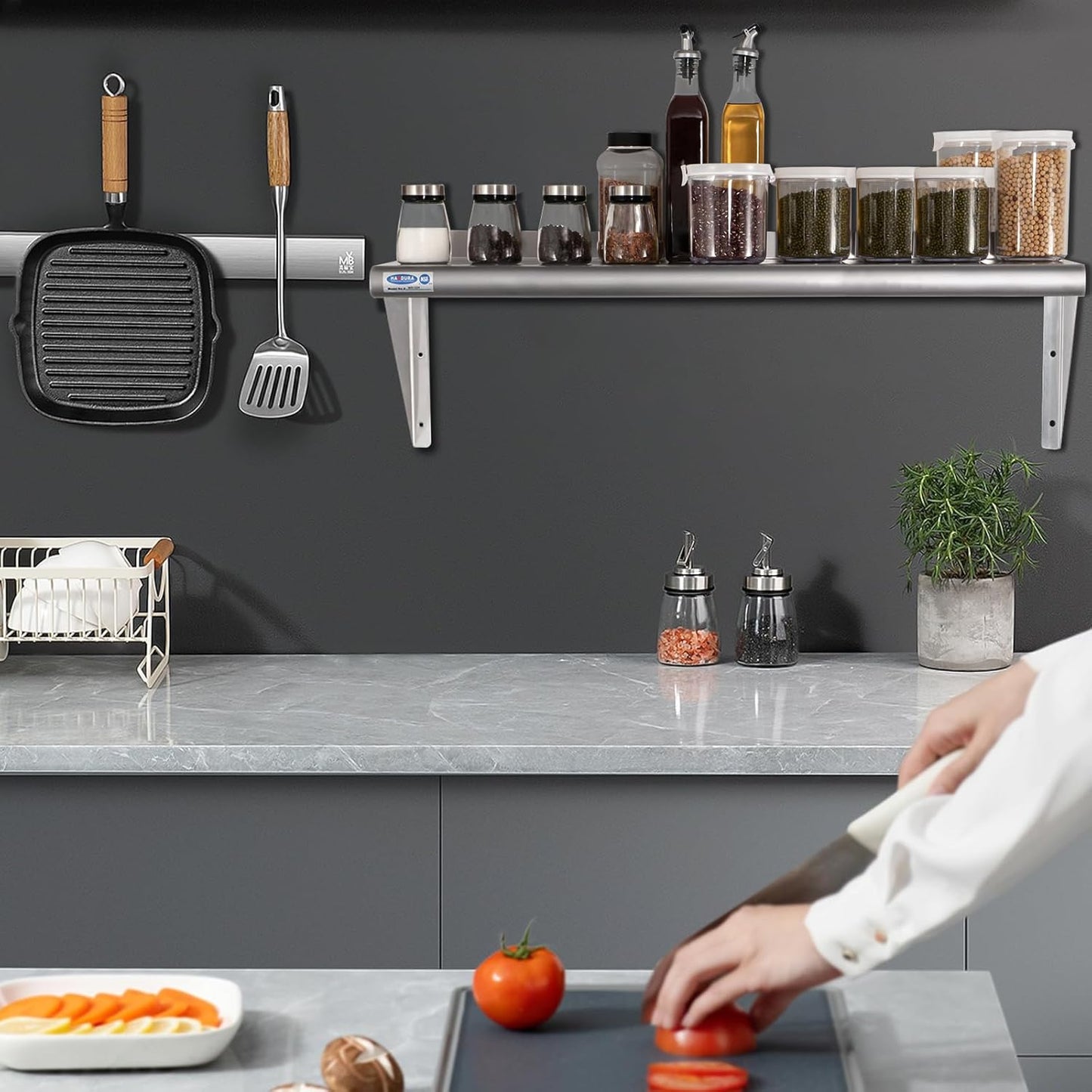 HARDURA Stainless Steel Shelf 14" x 60", 350lb Commercial Shelves Wall Mount Metal Shelving with Backsplash and Brackets for Kitchen, Restaurant, Laundry Room and Home