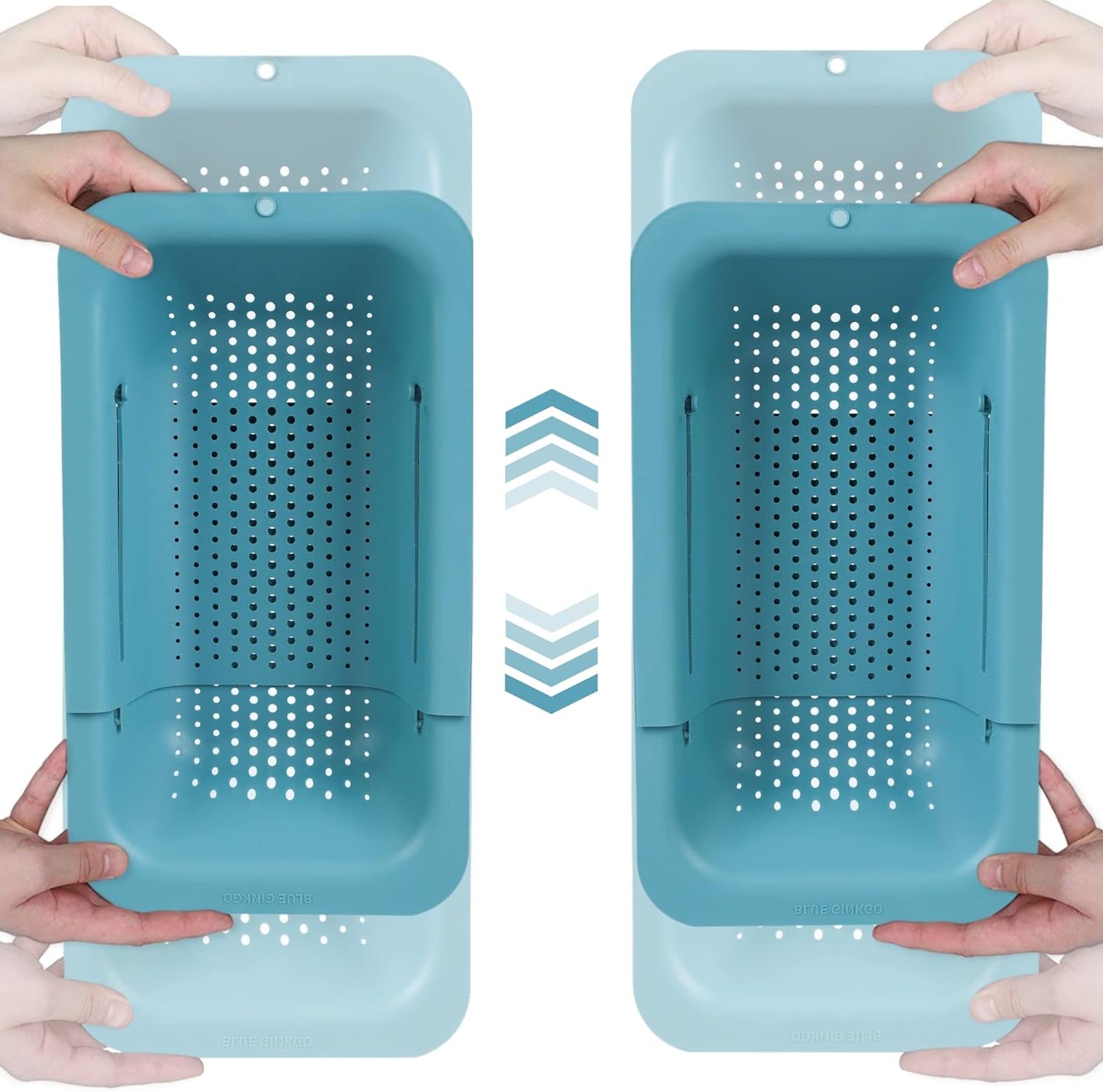 BLUE GINKGO Sink Colander Baskets - (Pack of 2) Wash Vegetables and Fruits, Drain Cooked Pasta and Dry Dishes - Extendable - New Home Kitchen Essentials (2 Teal)