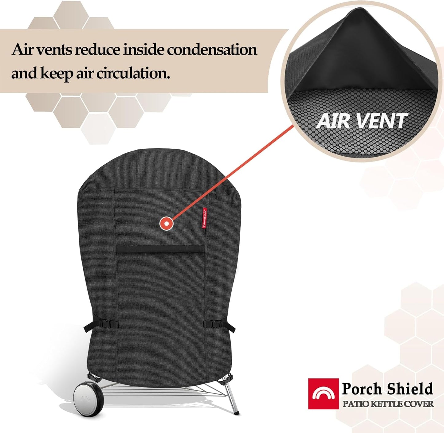 Porch Shield Outdoor Charcoal Kettle Grill Cover 26 inch Waterproof 600D Round Smoker Cover Fits Most Kettle Grill 33" Dia x 38" H, Black