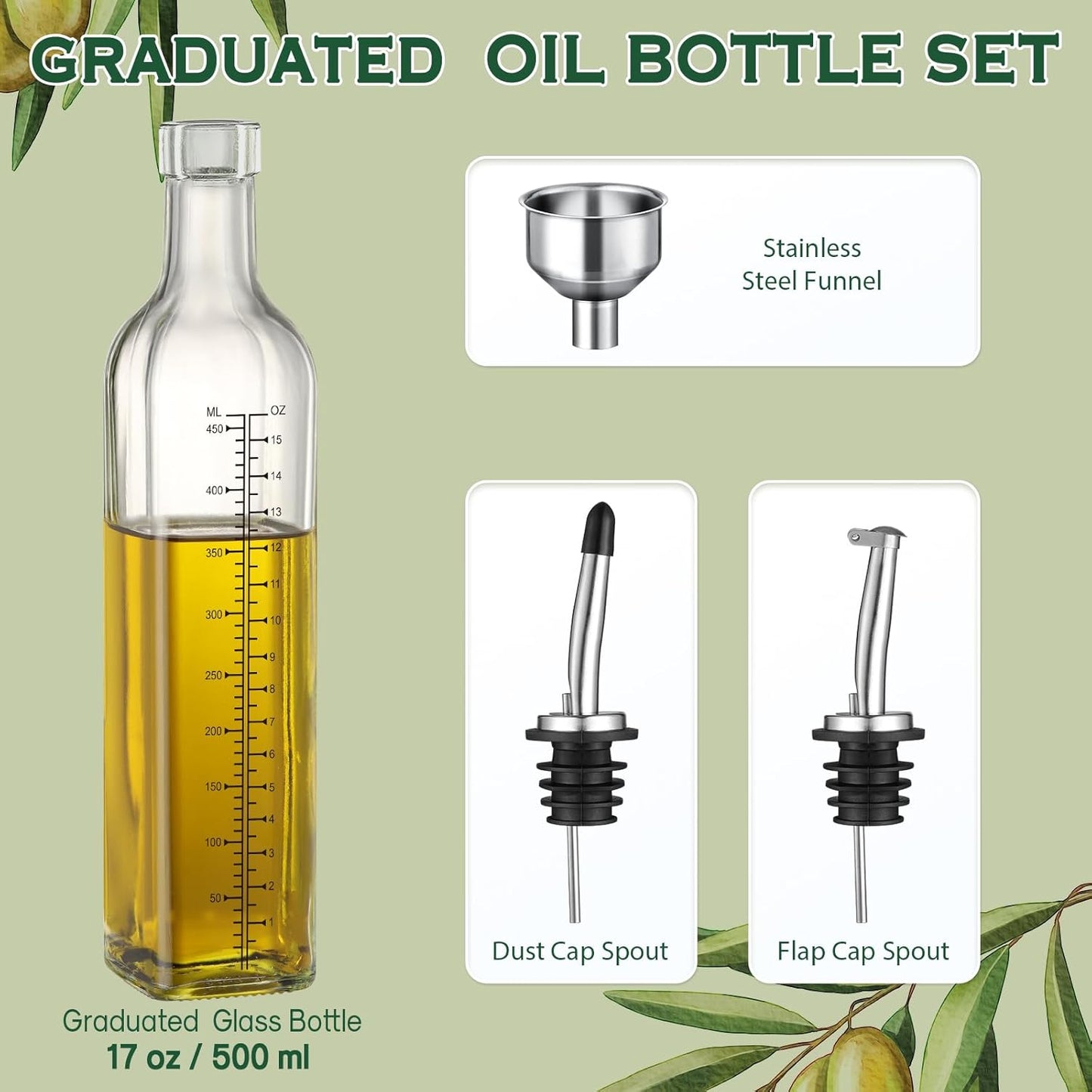 AOZITA 17oz Glass Olive Oil Dispenser Bottle - 500ml Clear -Oil & Vinegar Cruet with Pourers and Funnel - Olive Oil Carafe Decanter for Kitchen