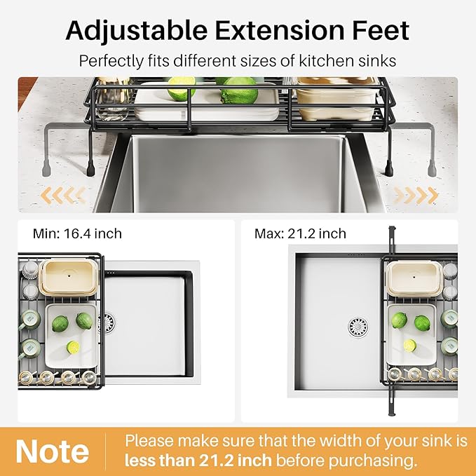 SNTD Dish Drying Rack - Extendable Dish Rack, Large Sink Drying Dish Drainer for Kitchen Counter, Stainless Steel Dish Strainer with Utensil Holder (Black)