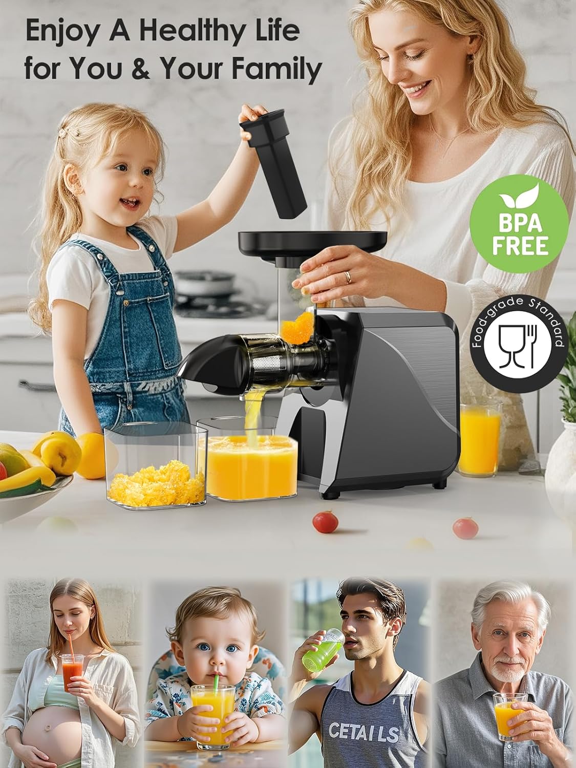 Cold Press Juicer for Celery Carrot Orange- Soft/Hard Fruits Vegetables, 250W Slow Juicer Machines BPA-Free,Reverse Function, Easy to Clean, with Big Cup,Pulp Container,Cleaning Brush