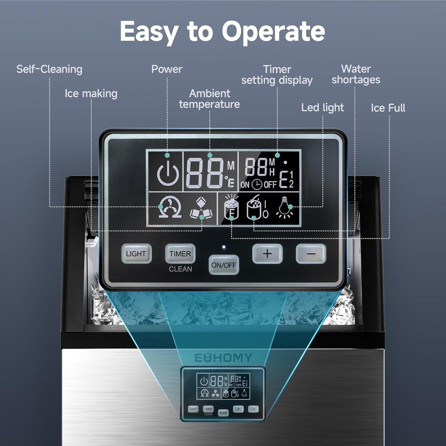 EUHOMY Commercial Ice Maker Machine,Moon-Shaped Ice,100lbs/24H Stainless Steel Under Counter Ice Machine with 33lbs Storage Bin, Freestanding Crescent Ice Maker for Home/Bar/Cafe/Restaurant