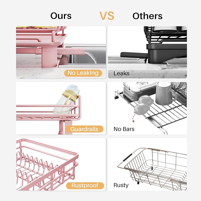 SNTD Dish Drying Rack - Extendable Dish Rack, Large Sink Drying Dish Drainer for Kitchen Counter, Stainless Steel Dish Strainer with Utensil Holder (Pink)