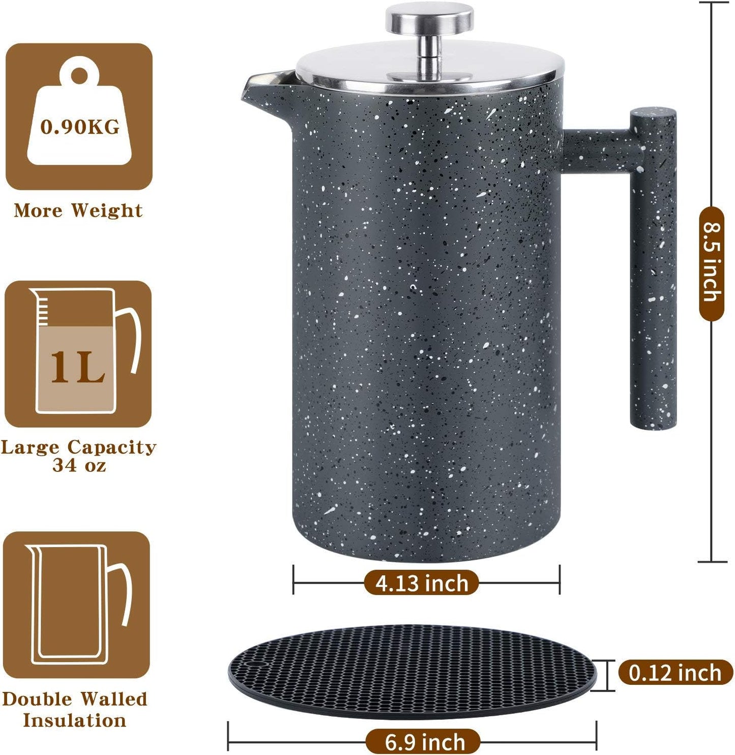 French Press Coffee Maker 34oz with Double-Insulated Stainless Steel Large Metal Coffee Press with 3 Layer Filtration System for Ultimate Coffee Tea Brewing in Travel Camping or Home