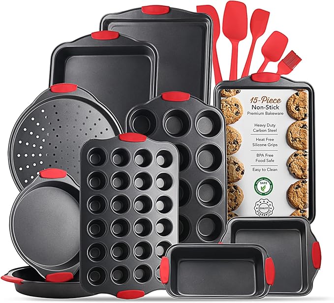 Baking Pan Set, 15 Piece Premium Baking Set, Nonstick Bakeware Sets BPA Free, Cookie Sheets for Baking Nonstick Set, Steel Baking Sheets for Oven with Muffin Pan, Cake Pan & Black Kitchen Utensils
