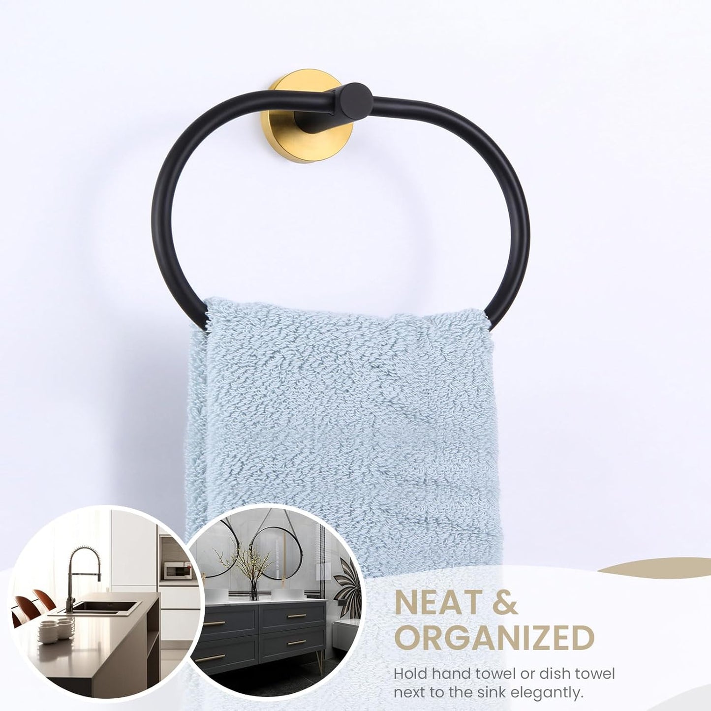 Suyar Towel Ring, Stainless Steel Hand Towel Holder for Bathroom Wall, Oval Shape, Gold and Black