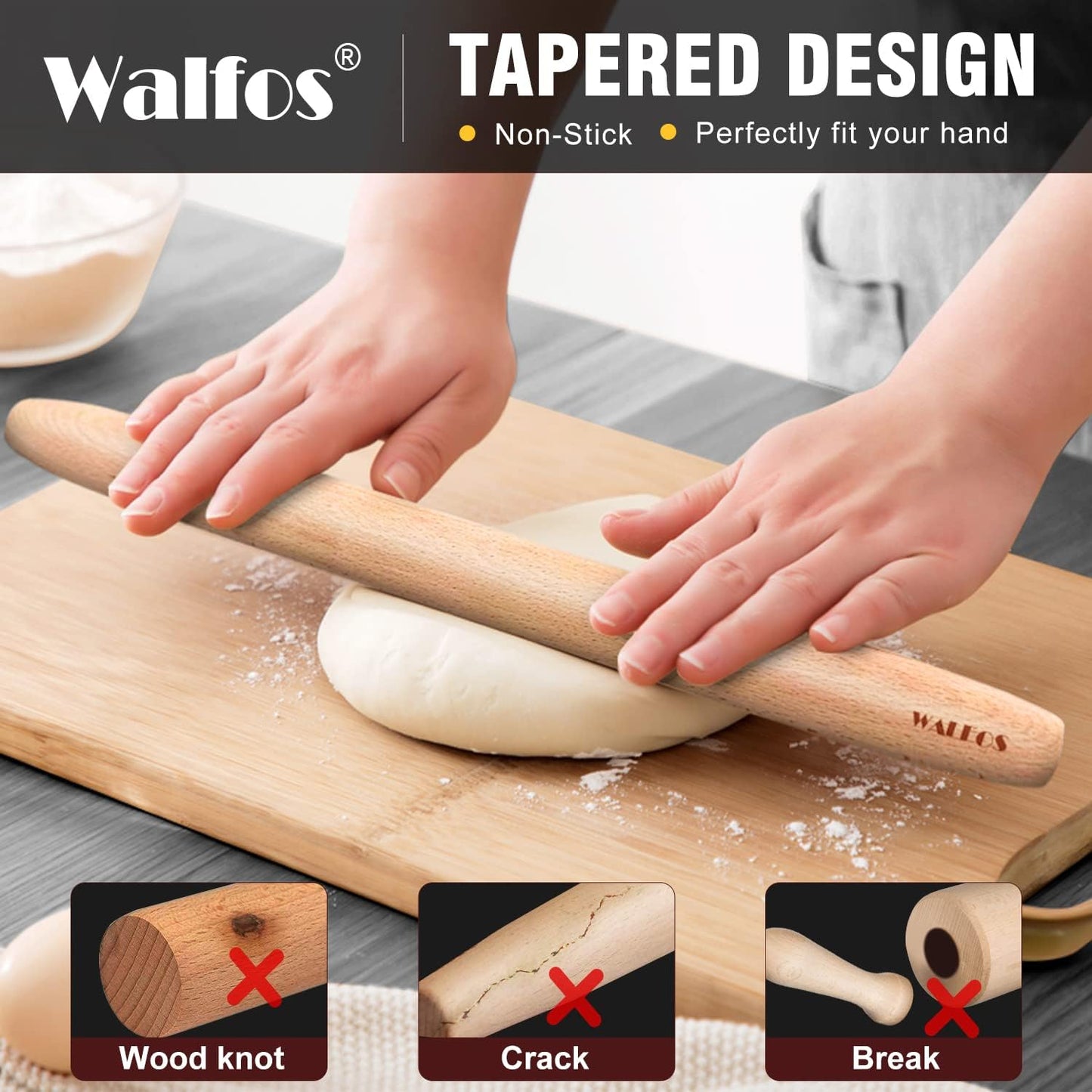 WALFOS French Rolling Pin for Baking, 17 Inch Natural Beech Wood Rolling Pins, Kitchen Dough Roller for Fondant, Pizza, Pie, Cookie and Pastry