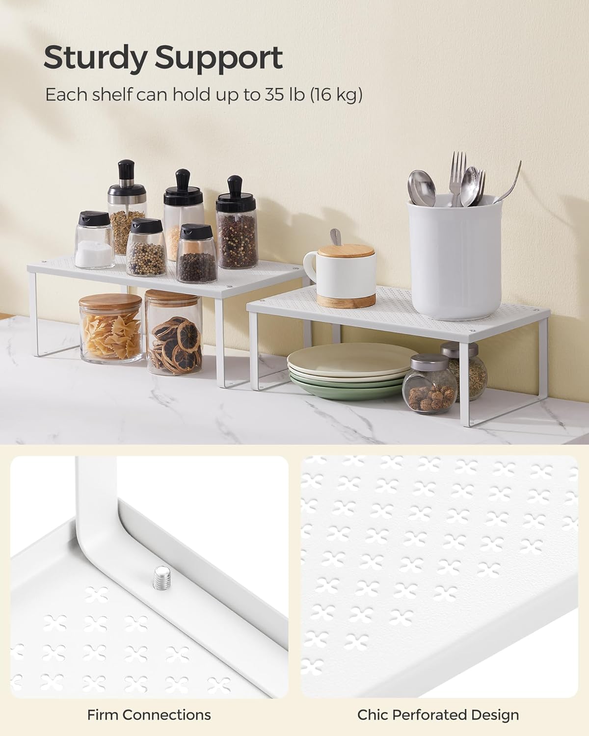 SONGMICS Spice Racks, Set of 2 Metal Cabinet Shelf Organizers, Countertop Organizers, Shelf Risers, Stackable, Expandable, White UKCS401W01