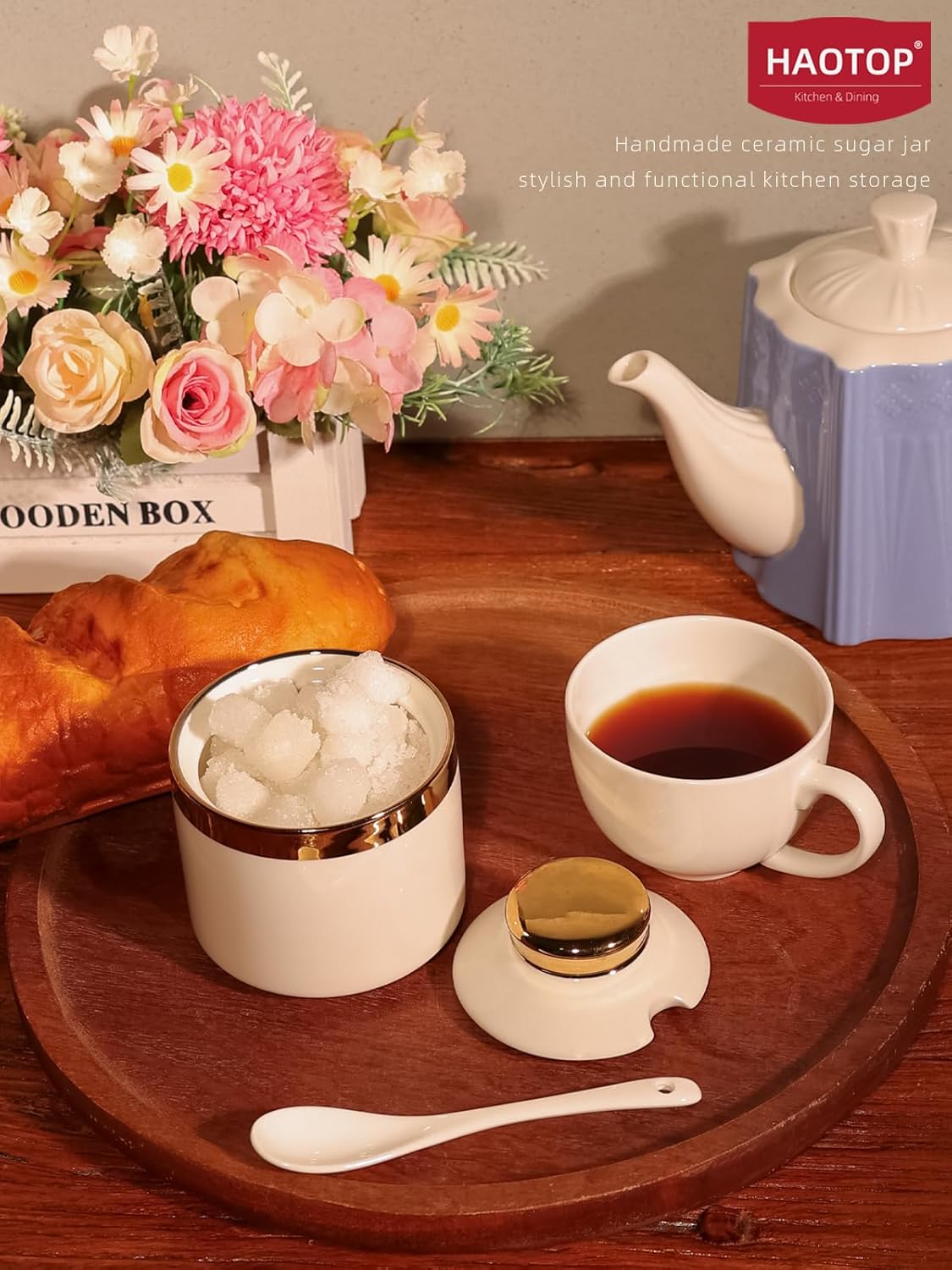 HAOTOP 8 oz Sugar Bowl with Lid and Spoon, Simple Ceramic Sugar Jar Sugar Dispenser Sugar Container Coffee Bar Accessories, Modern Kitchen Countertop Canisters, White