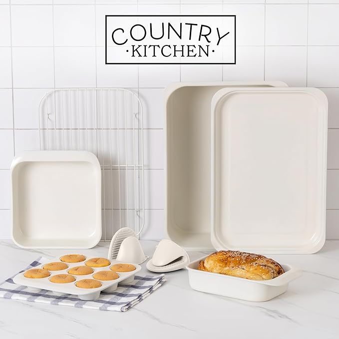 Country Kitchen Nonstick Stackable Bakeware Set - Deluxe Heavy Duty, Durable, Easy Release Baking Set, 8 Pcs, Cream