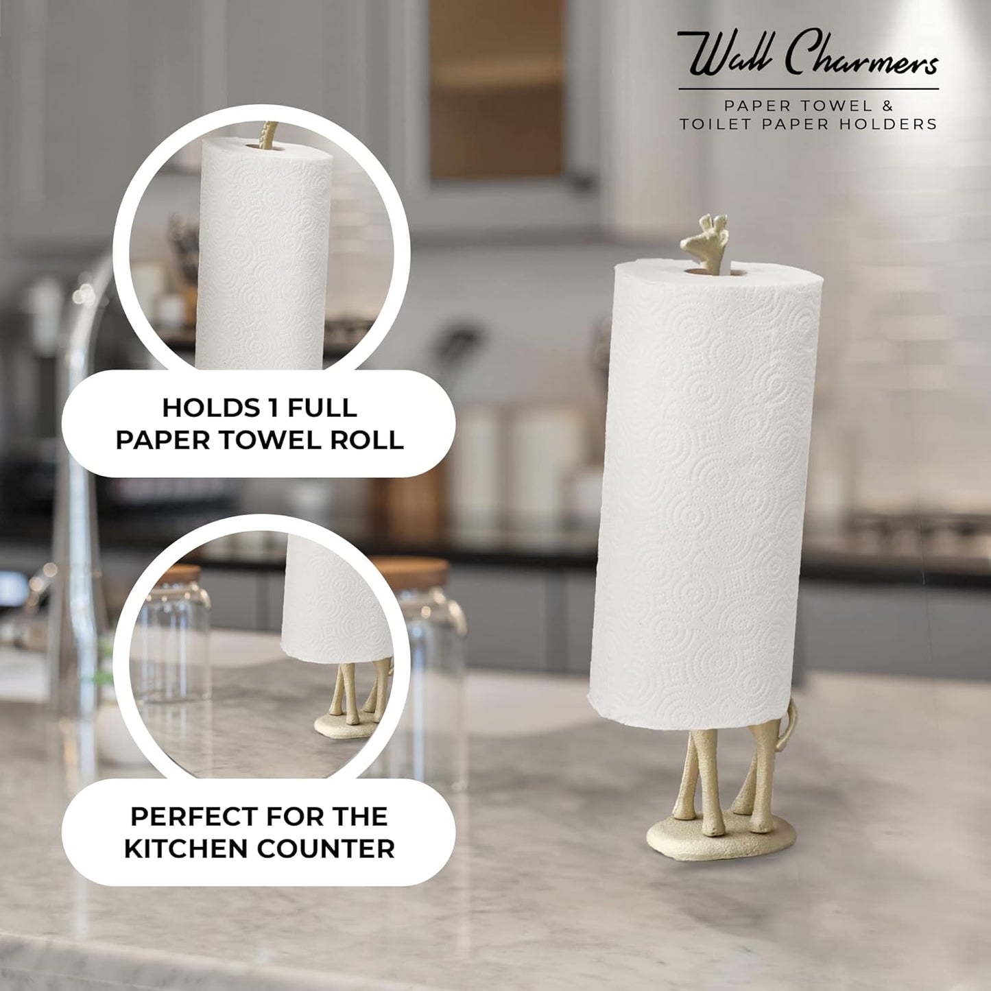 WallCharmers Gold Paper Towel Holder, Metal Toilet or Kitchen Paper Holder for Floor or Countertop, Gold Giraffe