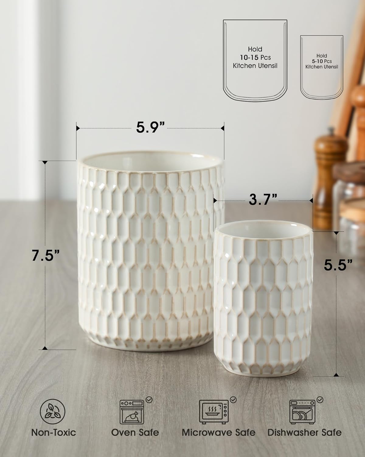 Utensil Holder, 7.3"+5.4" Ceramic Kitchen Utensil Holder for Countertop, Large Cooking Utensil Crock for Kitchen Counter, Set of 2, Beige