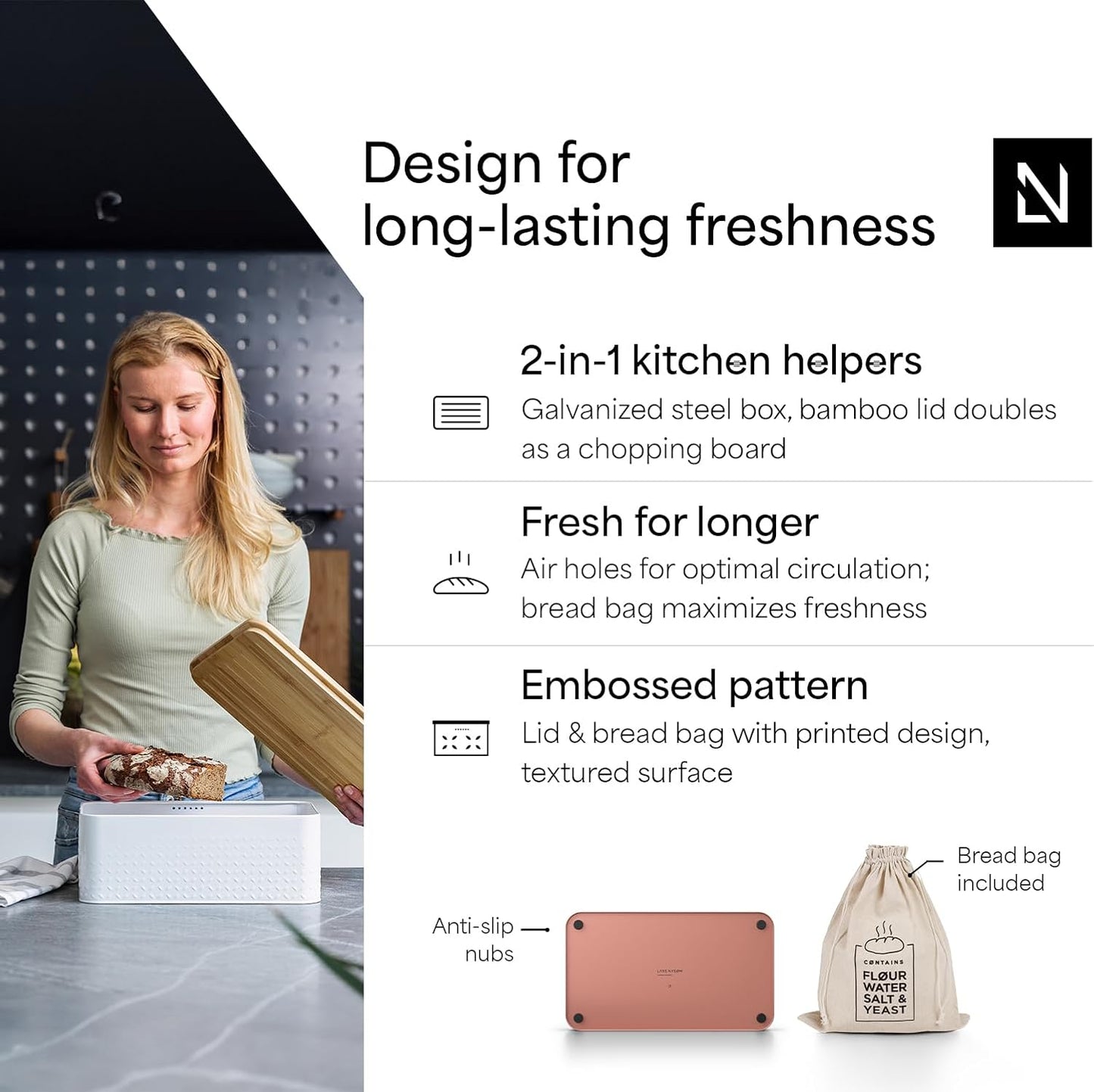 LARS NYSØM Bread Box I Metal Box with linen bag for long lasting freshness I Bread Bin with bamboo lid usable as cutting board I 13.4x7.3x5.3In (Brick Red)