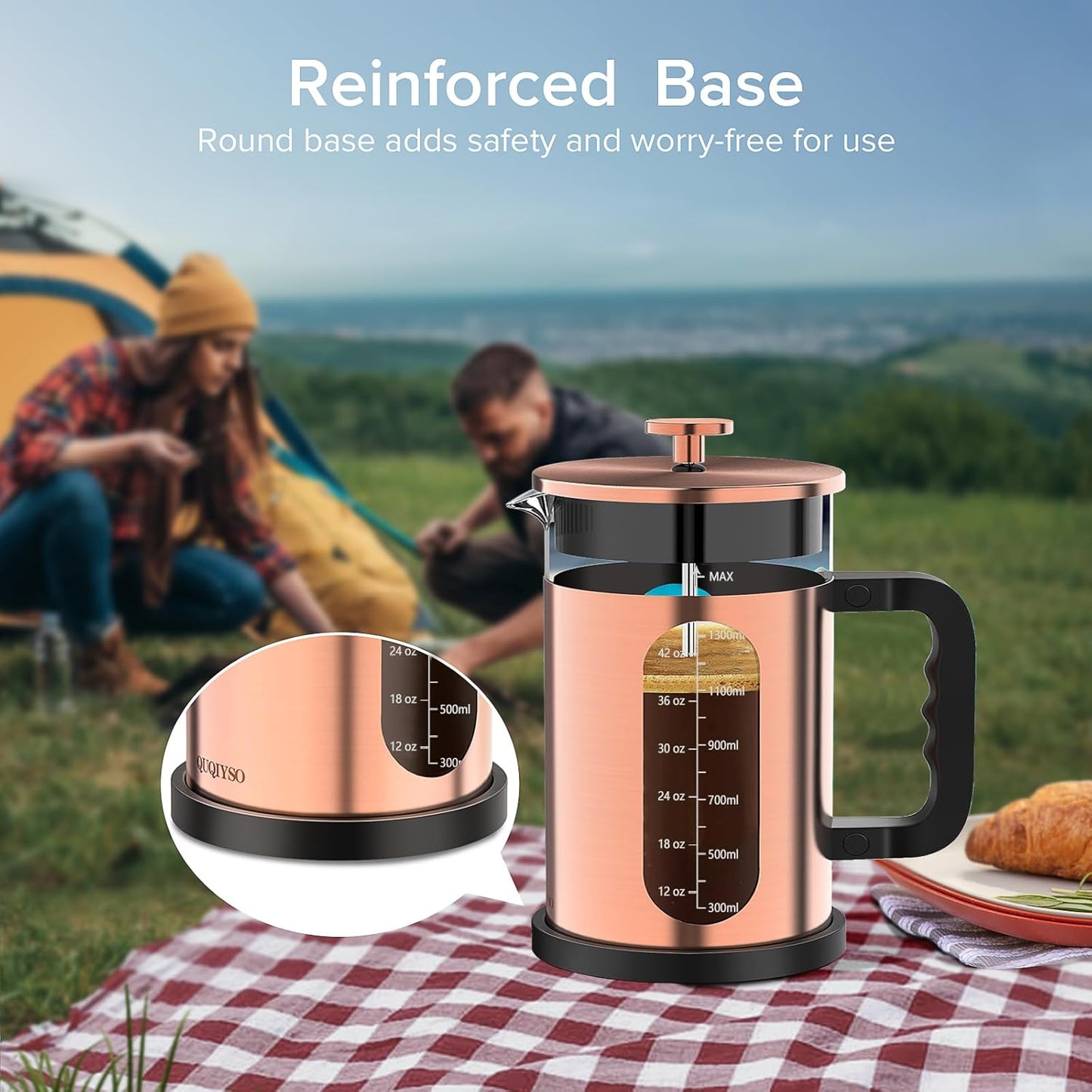 QUQIYSO French Press Coffee Maker 51oz 304 Stainless Steel French Press with 4 Filter, Borosilicate Glass Coffee Press