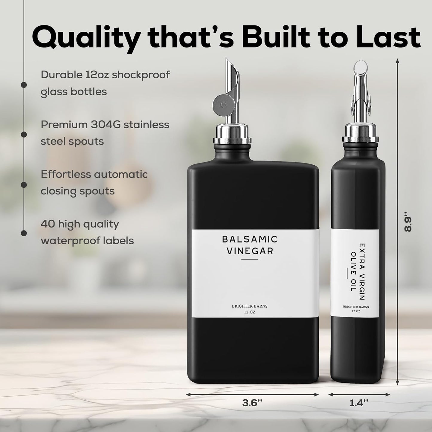 Black Glass Olive Oil Dispenser Bottle for Kitchen by Brighter Barns - Soy Sauce Dispenser, Coffee Syrup Bottle - Modern Kitchen Decor for Restaurant, Airbnb, Coffee Bar Accessories (Black, Set of 2)