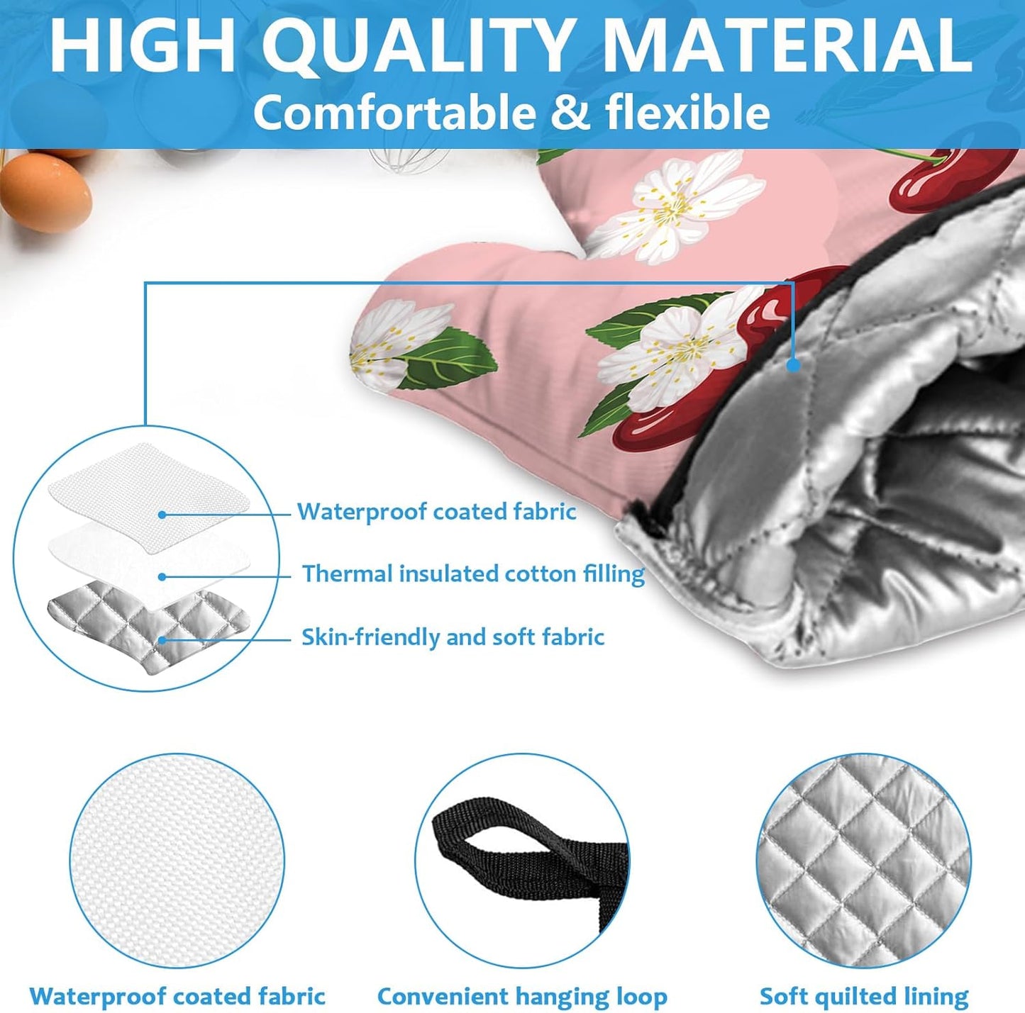 Cherry Oven Mitts and Pot Holders Sets Heat Resistant 4Pcs White Flower Potholders Oven Gloves Hot Pads for Kitchen Baking Cooking Grilling BBQ