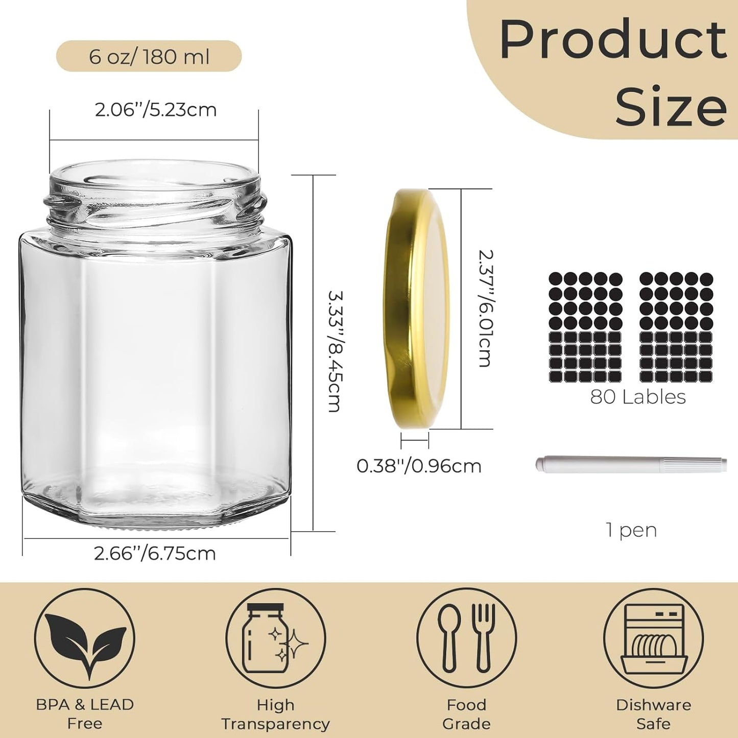6 oz Hexagon Glass Jars with Gold Lids, 30 Pcs Canning Jars for Jam, Honey, Jelly, Candy, Candle, Wedding Favors, Baby Shower Favors, Spice Jars Crafts with Stickers and Pen for Labeling