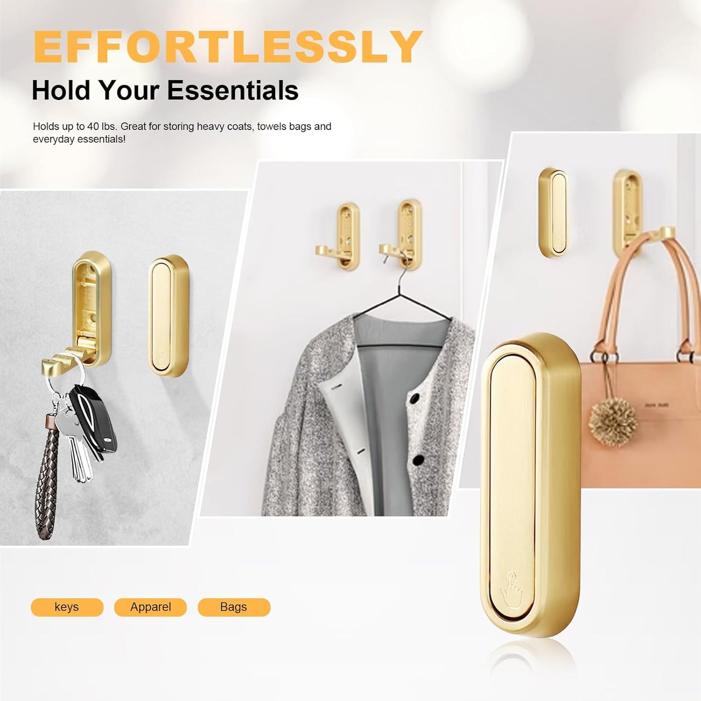 Heavy Duty Gold Folding Wall Hooks 2 Pack, Space Saving Foldable Coat Hooks for Bathroom, Closet, Entryway, Kitchen, Towel, Robe, Bag, Hat Hanging, Easy Mount, Zinc Alloy, Corrosion-Resistant ﻿