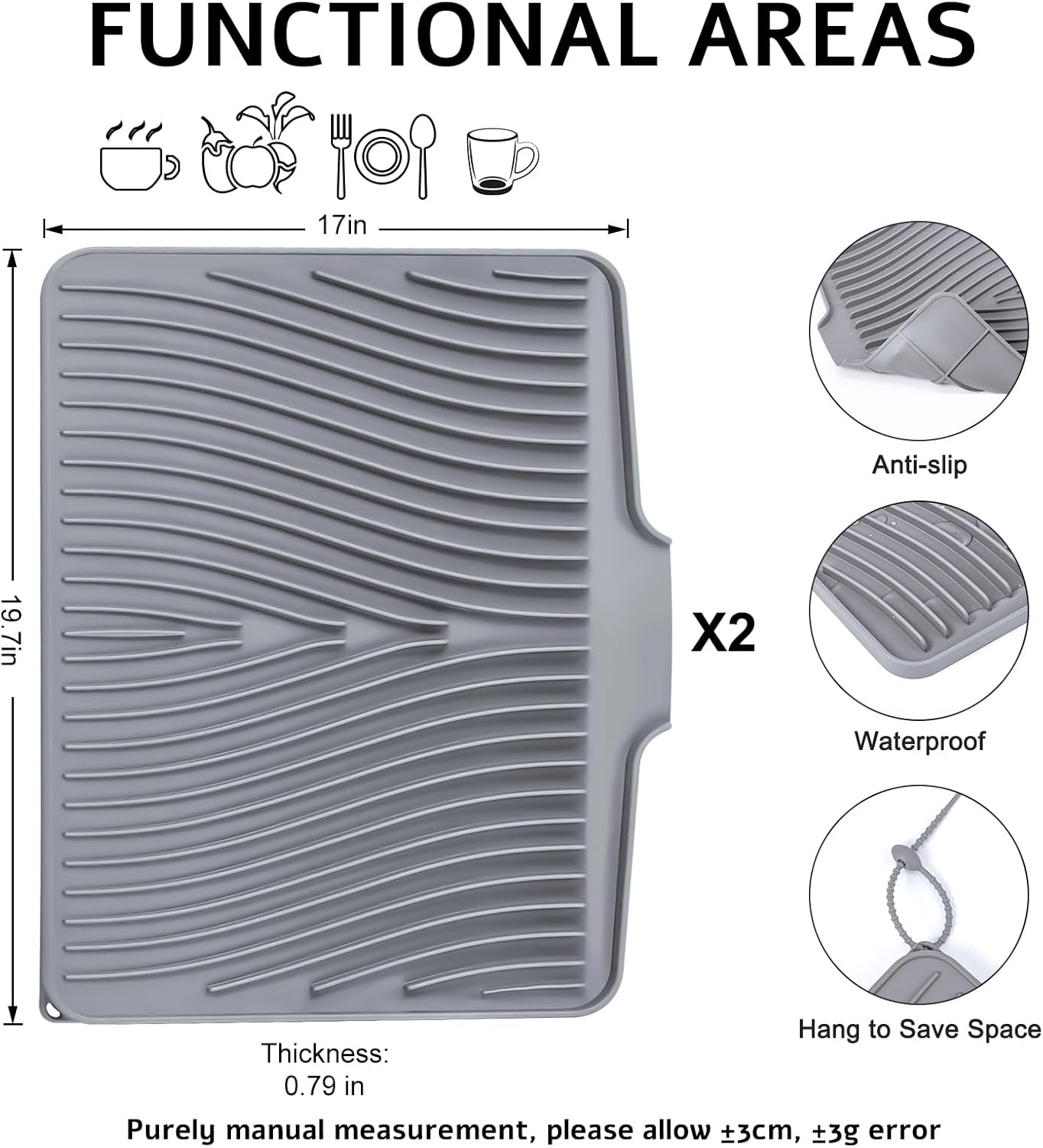 Dish Drying Mat, Stone Drying Mat for Kitchen Counter with Built-in Drain, Non-Slip Drying Matt Kitchen Counter, Heat Resistant Silicone Drying Mat, Dish Drying Pad, 2 Pcs(Grey 19.7" x 17")