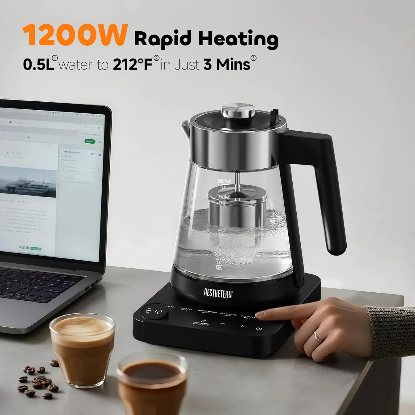 Electric Tea Kettle with Infuser 1.7L Glass Electric Kettle with Temperature Control Automatic Shut Off 12H Keep Warm for Tea Coffee Water Heater, Black