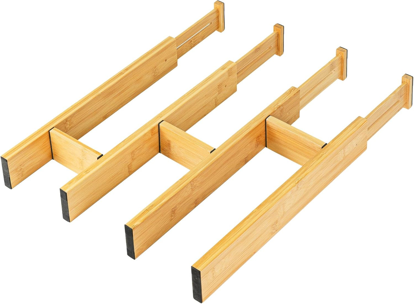 Adjustable Bamboo Drawer Dividers with Inserts, Expandable Spring-Loaded Drawer Organizer for Kitchen, Clothes, Tools, Silverware, Bamboo Organizer Separators - 4 Large Pieces