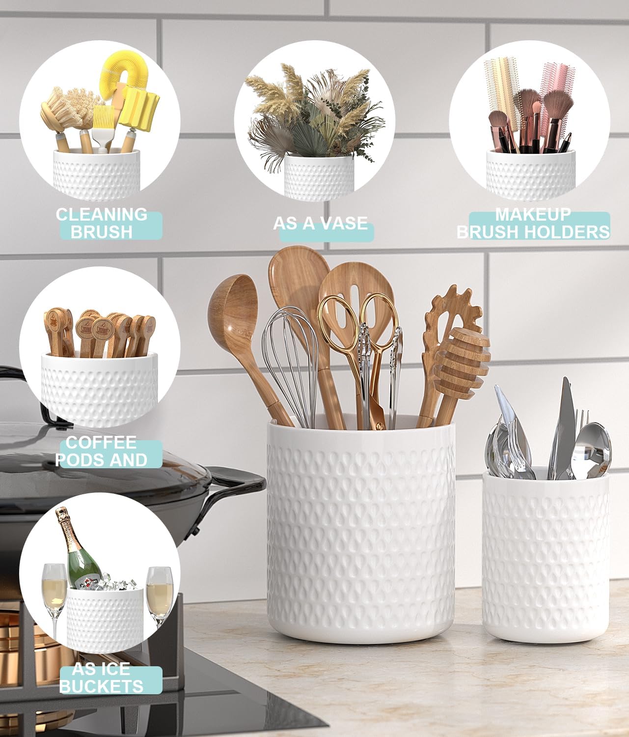 2 Pack Ceramic Utensil Caddy, Large Spatula Holder, Farmhouse Kitchen Decor for Silverware Spoon Crocks