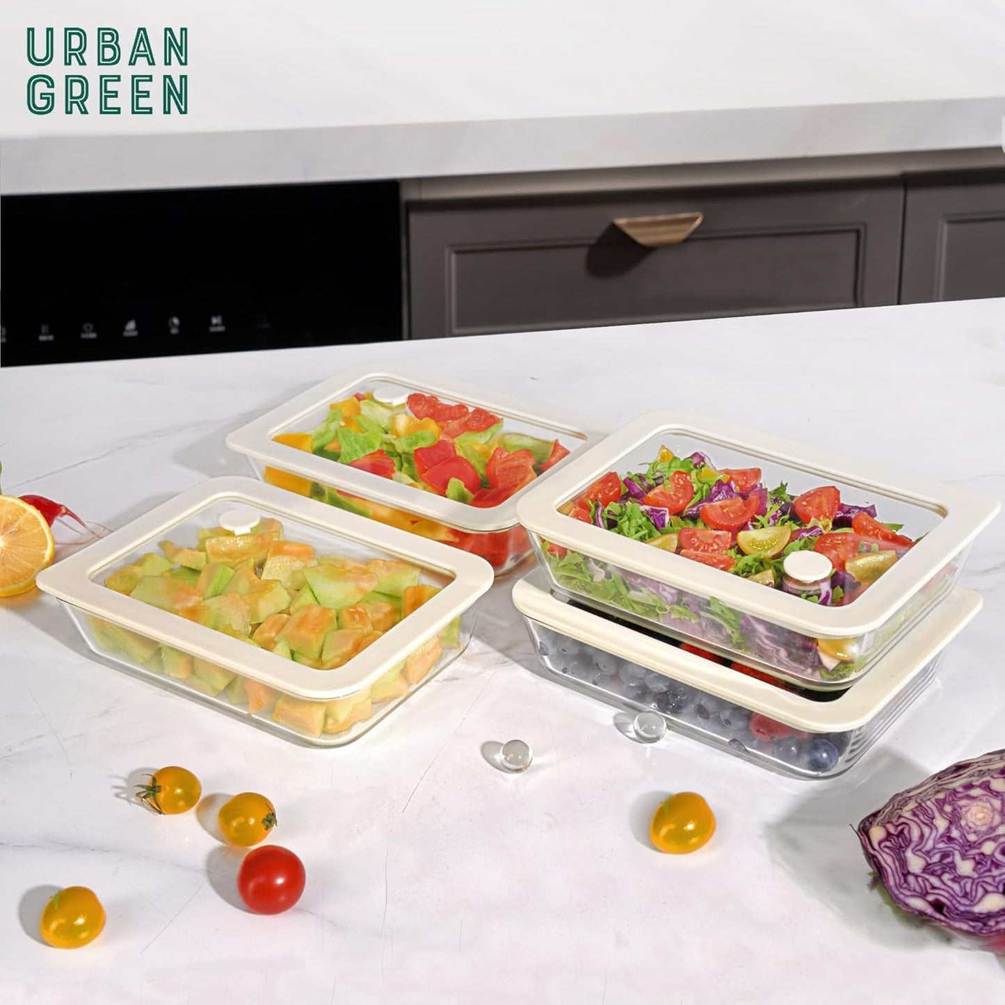 Urban Green Glass Food Container Set with Glass Lid, 4 Pack, Food Storage Containers Set, Airtight, LeakProof, 100% Plastic Free, Meal Prep Containers (White Color)