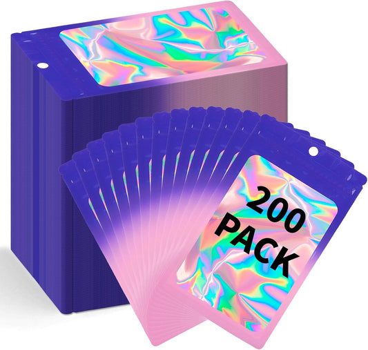 200 Pack Resealable Mylar Holographic Bags Food Storage Smell Proof Bags with Front Window Foil Packaging Pouch for Candy Sample Jewelry Small Business 3.54×6.29 Inch, Blue Fade Purple
