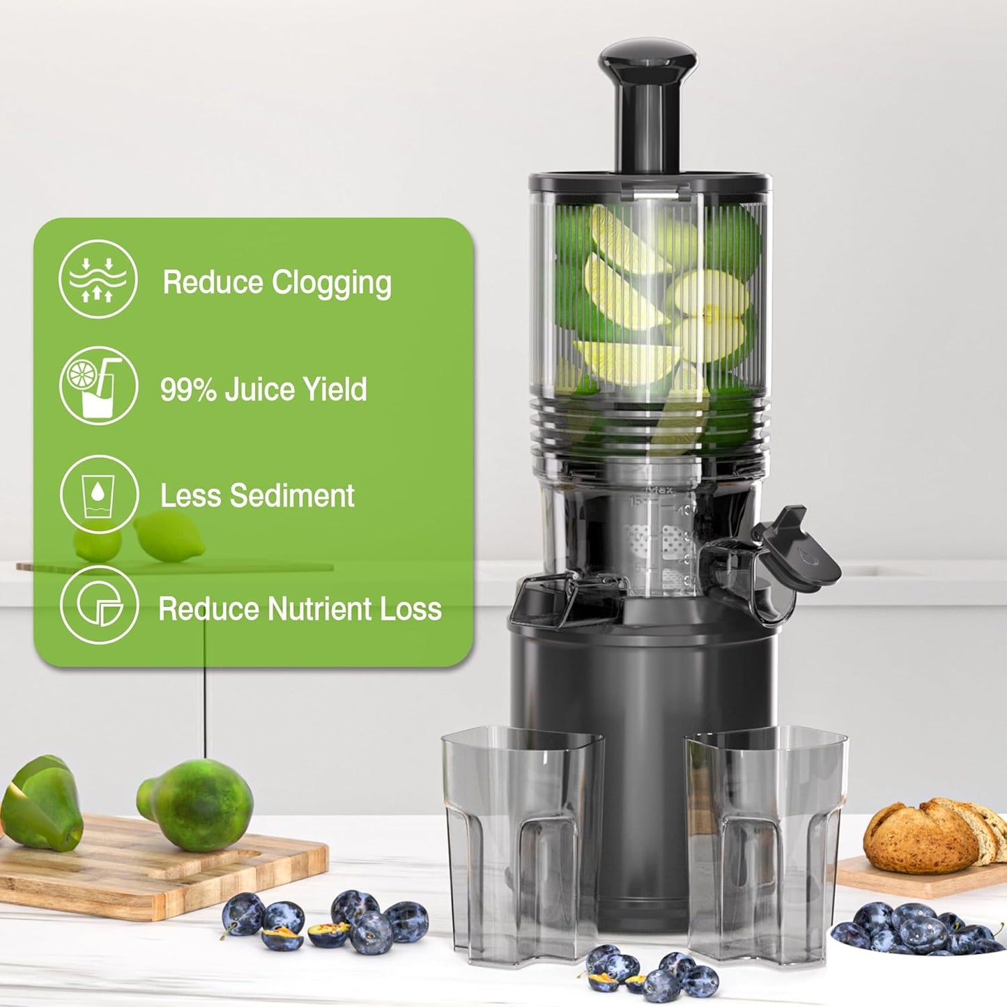 Cold Press Juicer – Hands-Free Electric Masticating Juicer Machine with 6.5" Large Feed Chute, 350W Masticating Juicer Machine For More Juice, Less Pulp, High Juice Yield – Easy Cleanup & Assembly