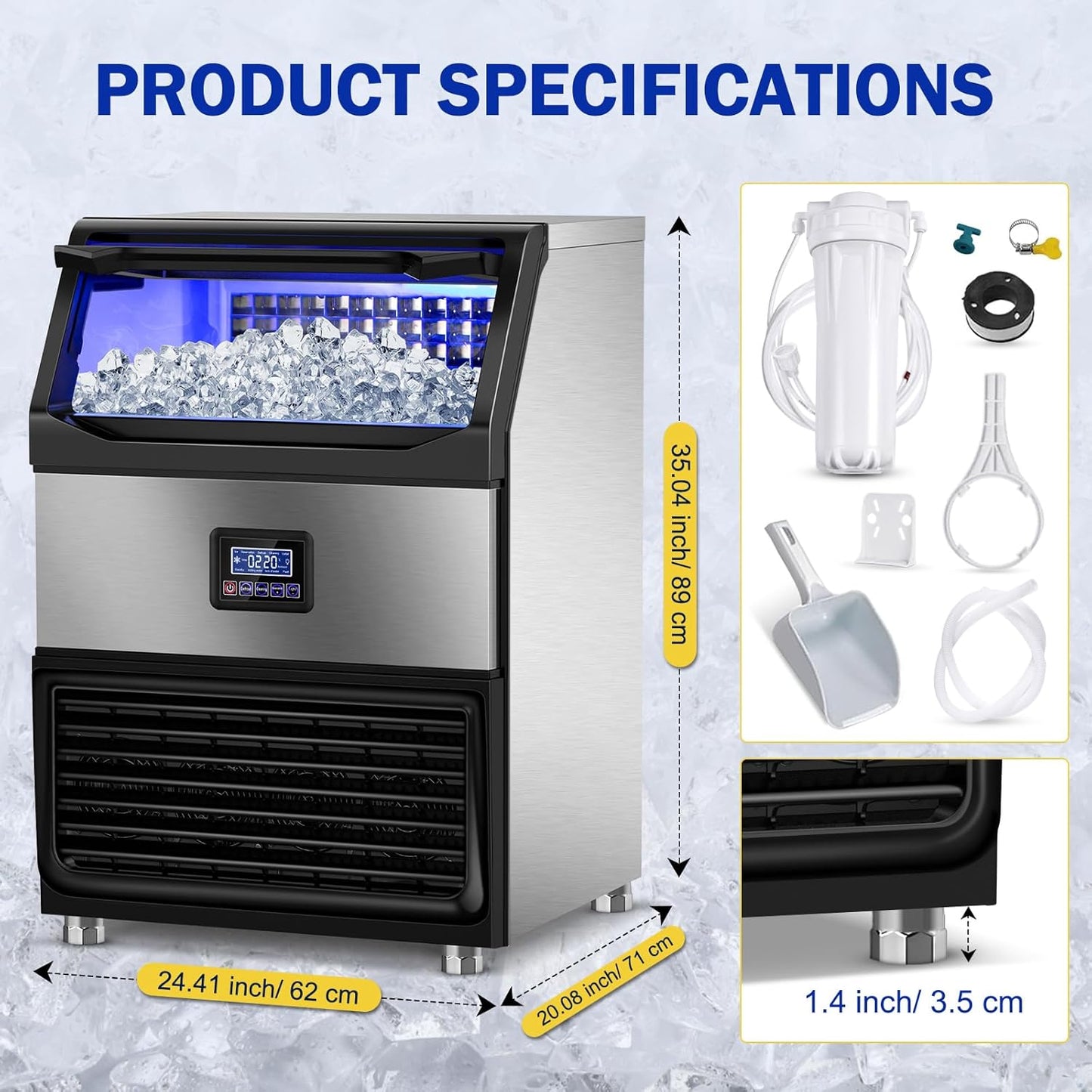 Commercial Ice Maker Machine, 350Lbs/24H with 75Lbs Storage Bin, 108Pcs Ice Cubes 8Mins, Freestanding Large Ice Machine with Water Filter and Ice Scoop for Home Bar Office Restaurant