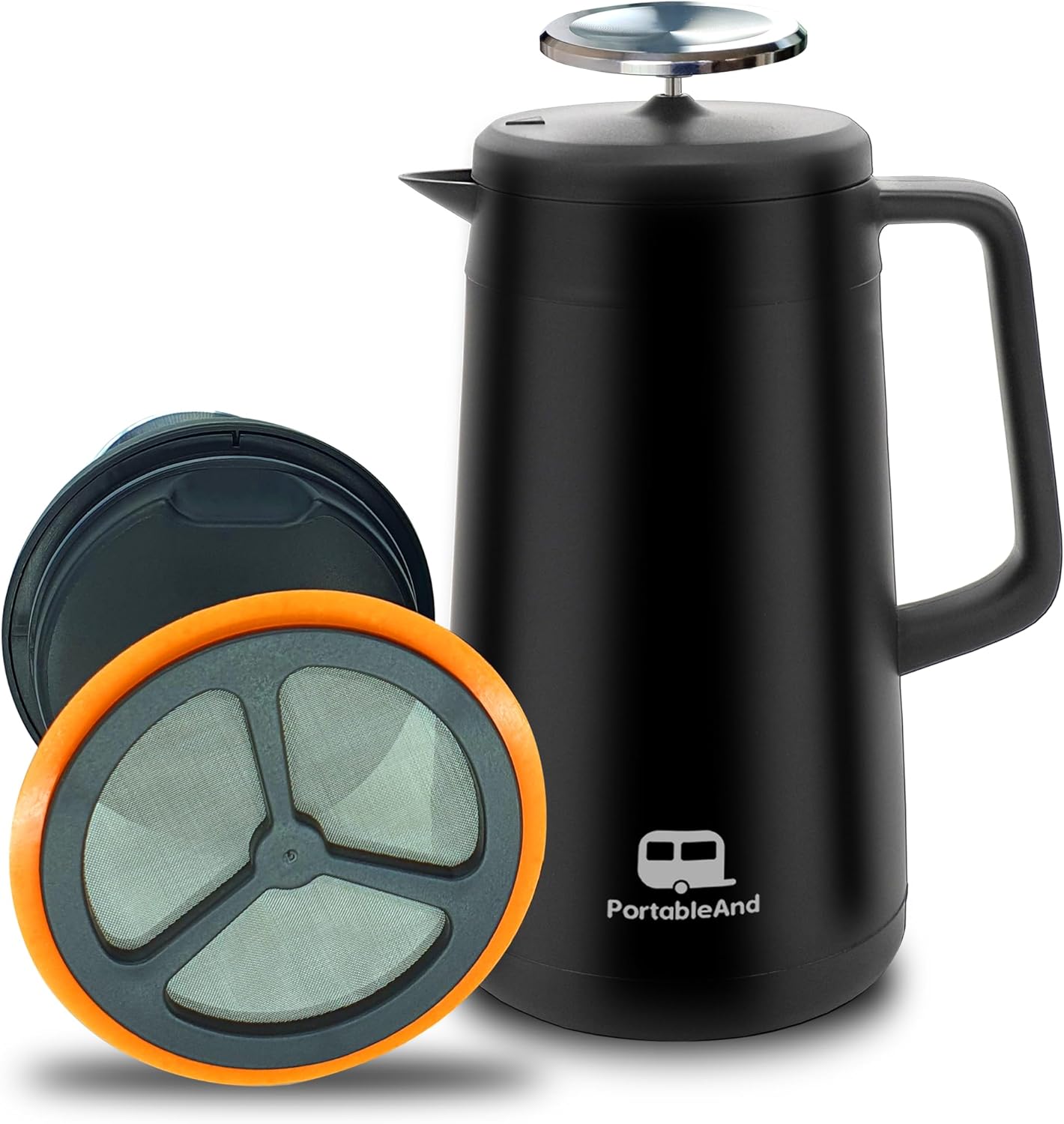 PortableAnd 34oz Double Vacuum Insulation Large Silicone French Press Coffee Maker with Silicone Ring, Stainless Steel, Perfect for Camping, Travel, and At-Home Use (Matte Black)