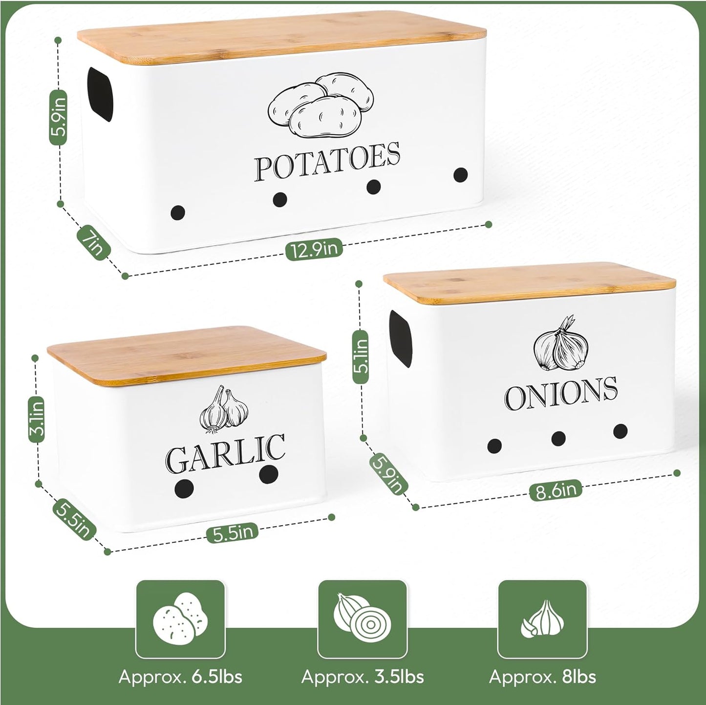Potato Onion and Garlic Storage Bins with Wooden Lid & Breathable Holes – Rustic Farmhouse Stackable Kitchen Vegetables Canisters with Ventilation & Side Handles Space Saving – Set of 3