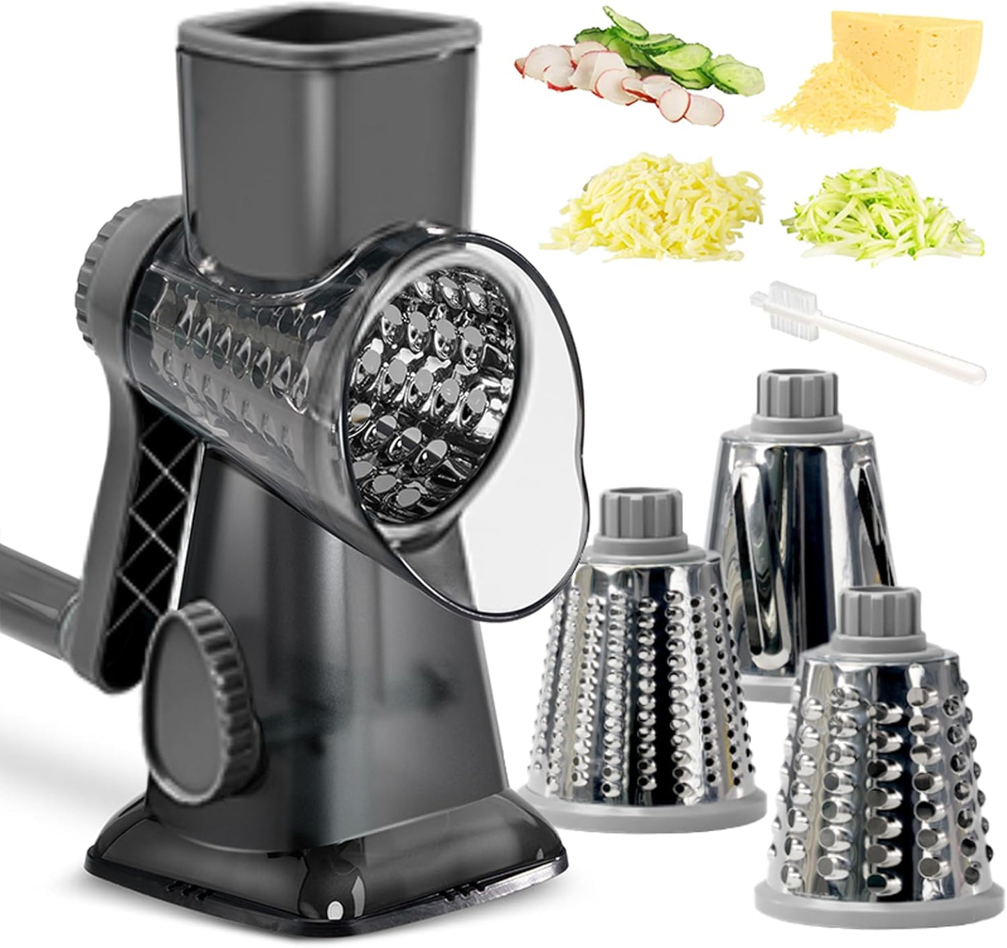 Cheese Grater Hand Crank Rotary Vegetables Shredder with Handle, 3-in-1 Graters with Interchangeable Blades and Strong Suction Base Multifunctional Slicer for Kitchen