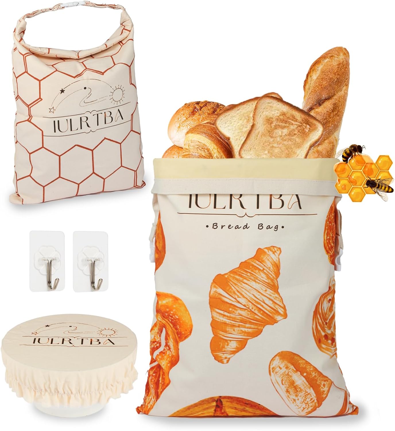 Bread Bags for Homemade Bread Sourdough - 2 Pack Beeswax Bread Bags for Sourdough with Bowl Cover, Reusable Linen Bread Storage Bags with Roll Top Buckle and Hooks for Freezer, Counter and Wall, XL