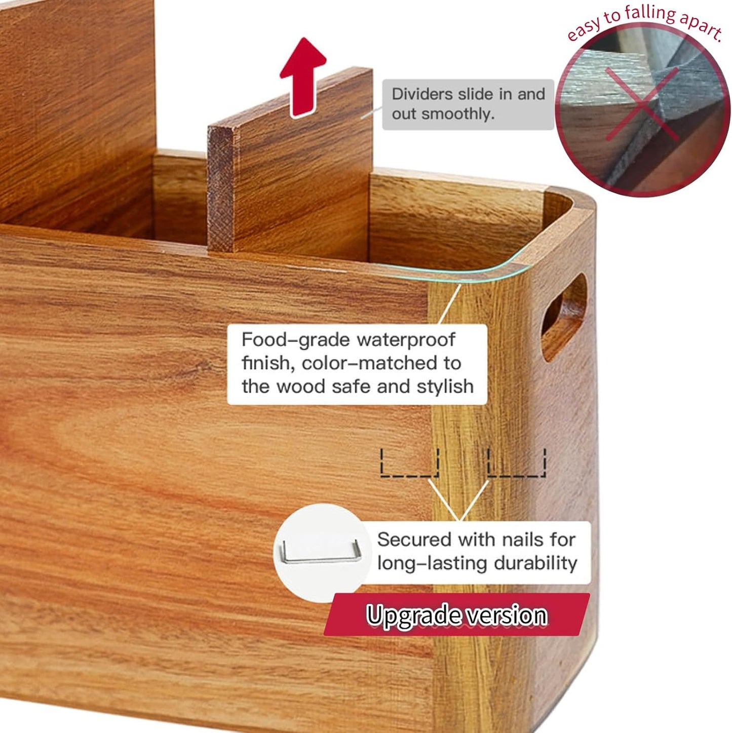 Wooden Kitchen Utensil Holder Organizer for Counter or Countertop, Large Wooden Utensil Holder for Storage Cooking and Silverware with 3 Compartment, Acacia Rustic Wood Container Extra Large