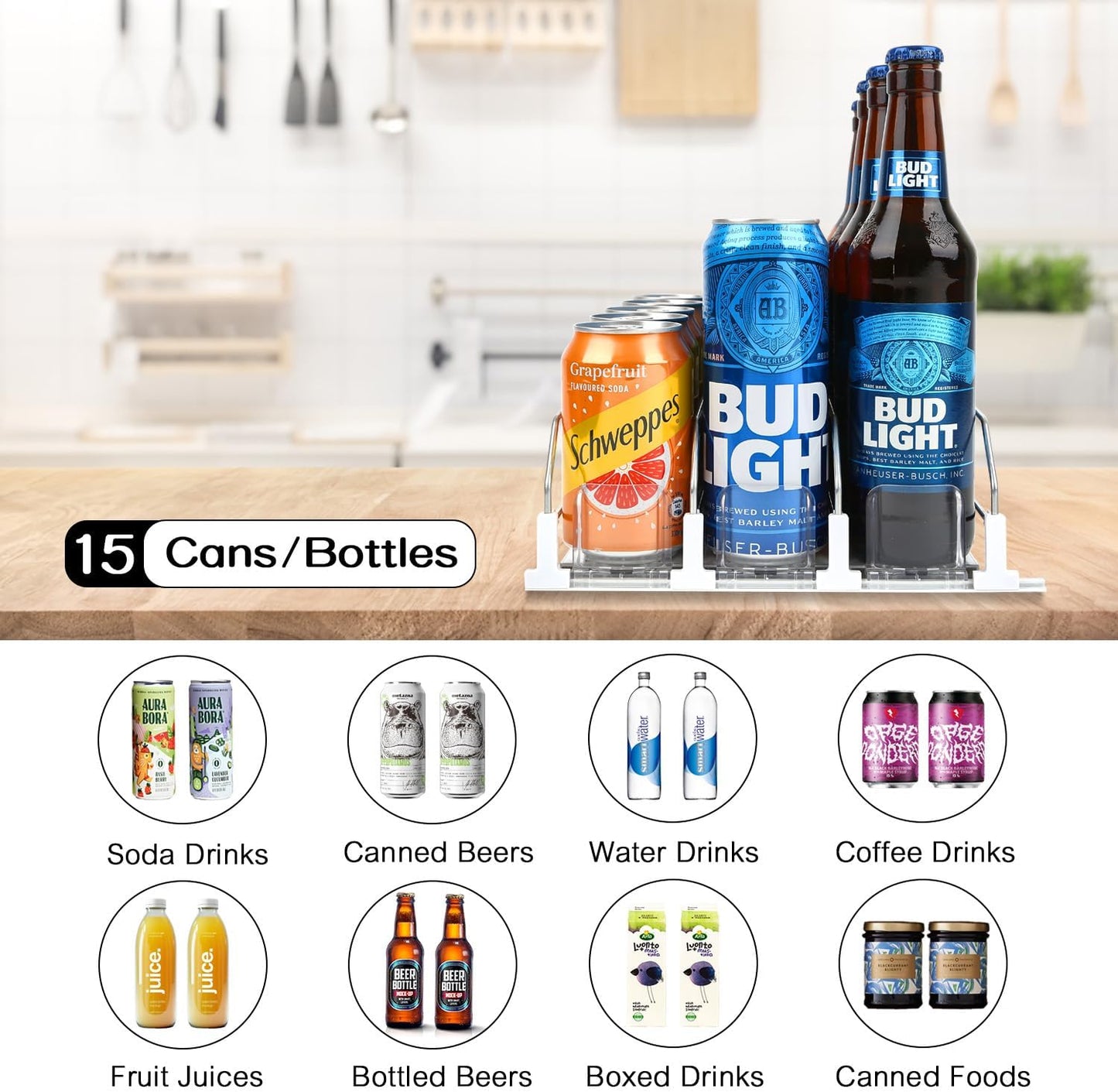 Soda Can Dispenser for Refrigerator, 3 Row Self-Pushing Rack, Fits up to 15 Cans, Width Adjustable Beverage Storage Rack, 15inch White