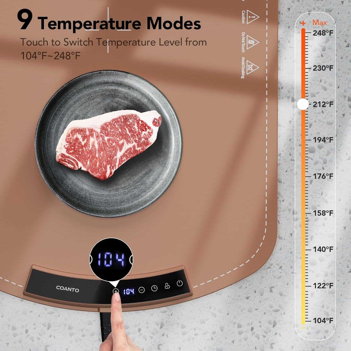 Food Warming Mat, Electric Warming Tray for Buffets & Parties, Silicone Heating Mat for Food with 9 Temperature Settings, Roll-Up Storage, 25.8"x15.6", Brown