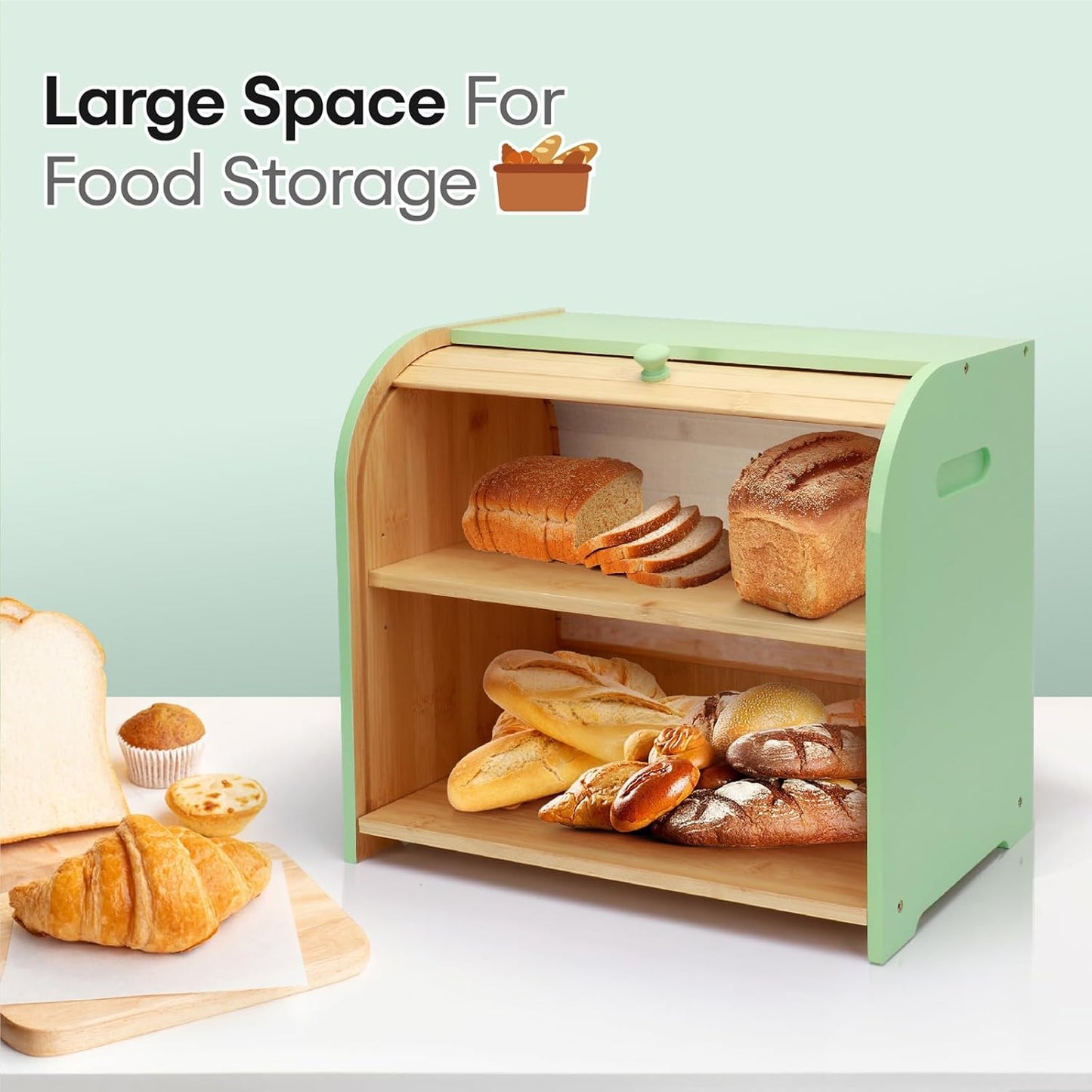 Bread Box for Kitchen Countertop, Double Layer Bamboo Bread Storage Container for Homemade Bread, Roll Top Bread Box with 3 Adjustable Height for Kitchen Counter, Cyan Breadbox Organizer