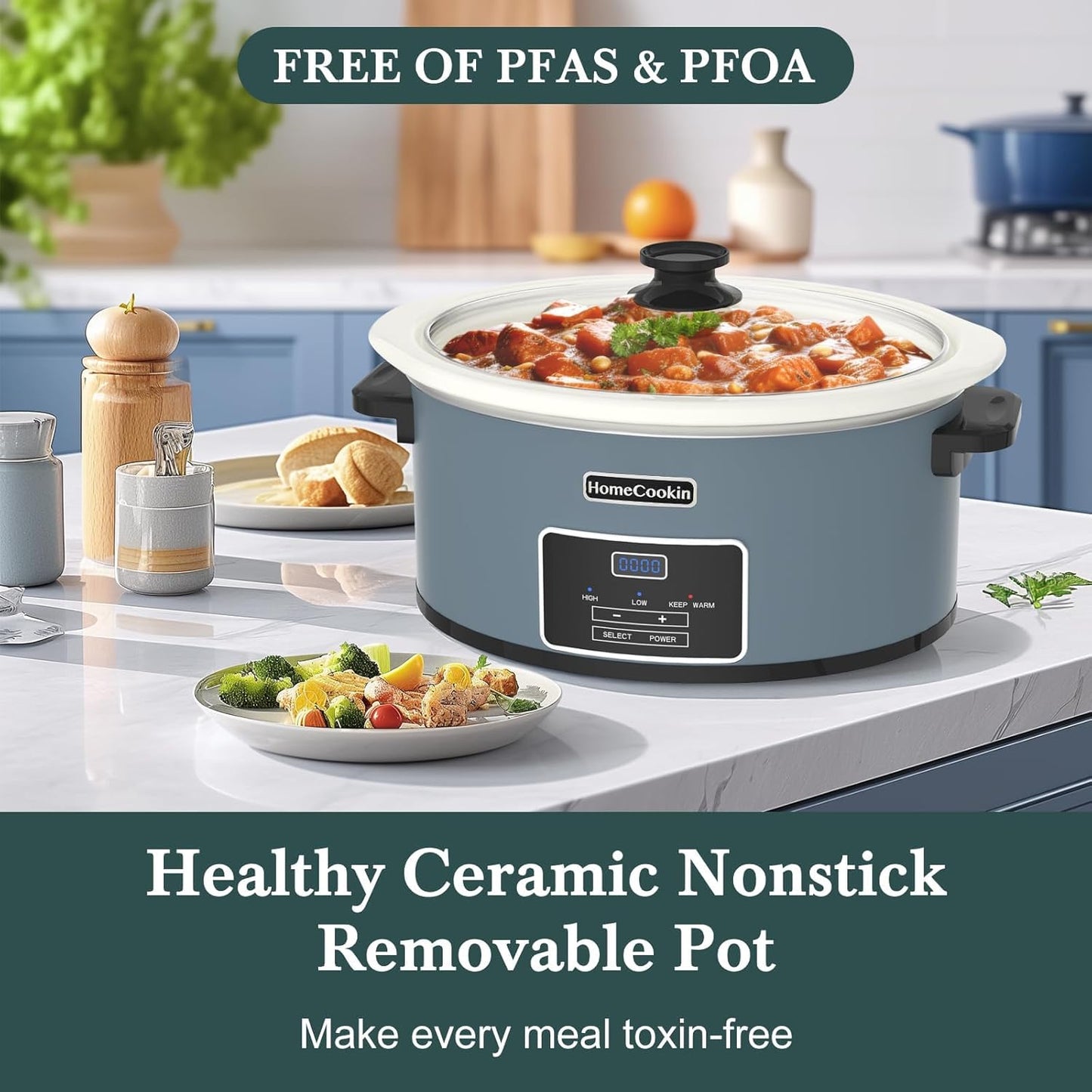 HOMECOOKIN 8-Quart Programmable Slow Cooker with Timer Keep Warm - Small Kitchen Appliance for Family Dinners - Serves 6+ People (Blue)