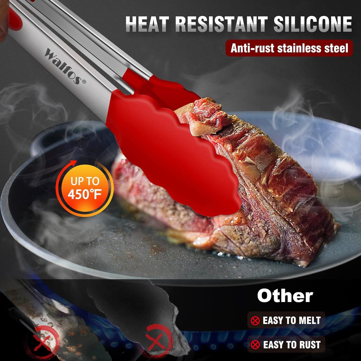 Walfos Kitchen Tongs - 7" 9" and 12" Heat Resistant Cooking Tongs, Stainless Steel and BPA Free Silicone Tips, Great for Cooking, Salad, Grilling, Turning, Dishwasher safe,set of 3