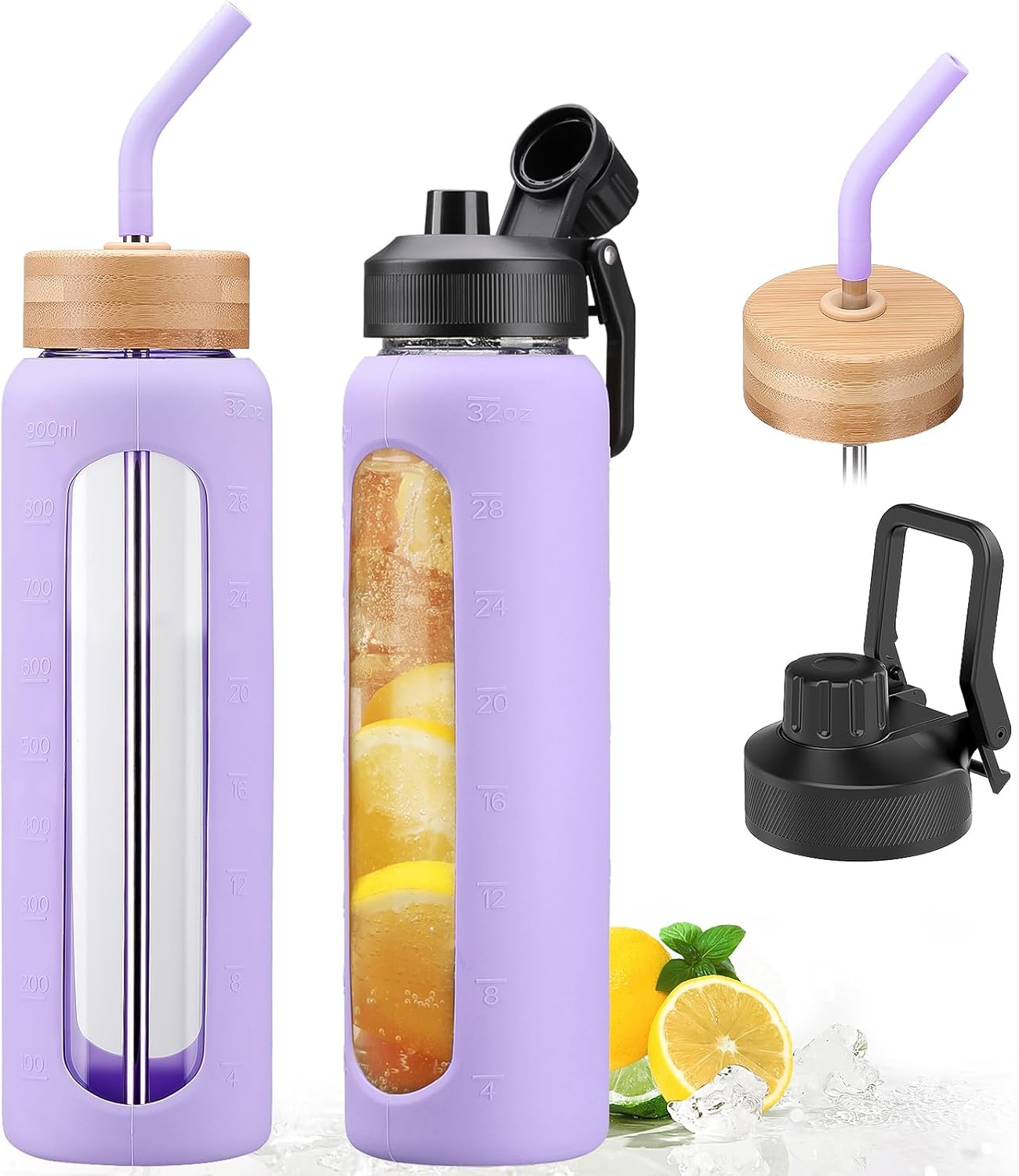 32oz Glass Water Bottle with Straw and 2 Lids- Bamboo Straw and Spout Lid with Phone Holder for Gym, Glass Drinking Bottles with Silicone Sleeve and Motivational Time Marker, Purple