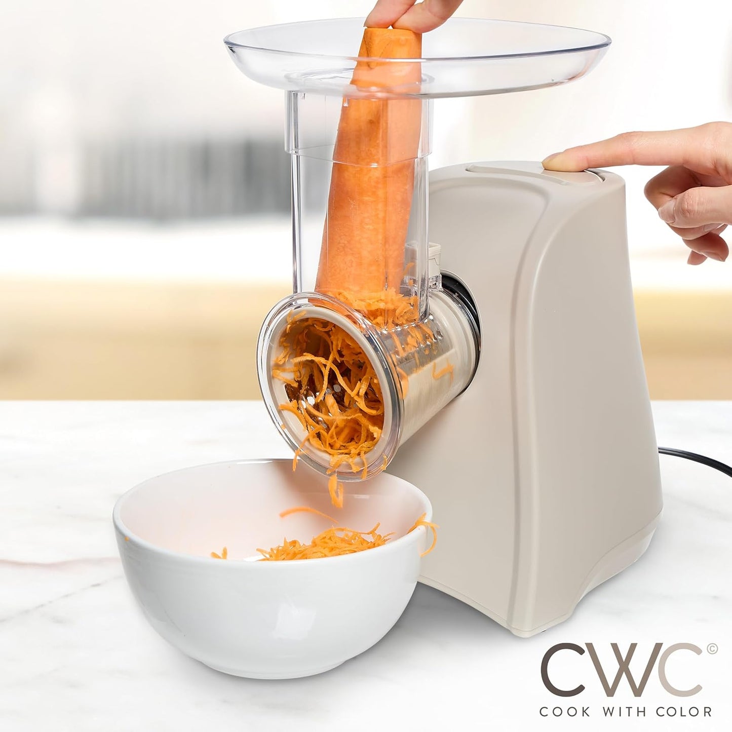 COOK WITH COLOR 5-in-1 Electric Slicer, 150W Food Prep Machine – Cheese Shredder, Fine & Coarse Graters, Potato Grater, Vegetable Slicer, Fruit, Salad Shooter, Compact Design for Bowl Prep, Sand