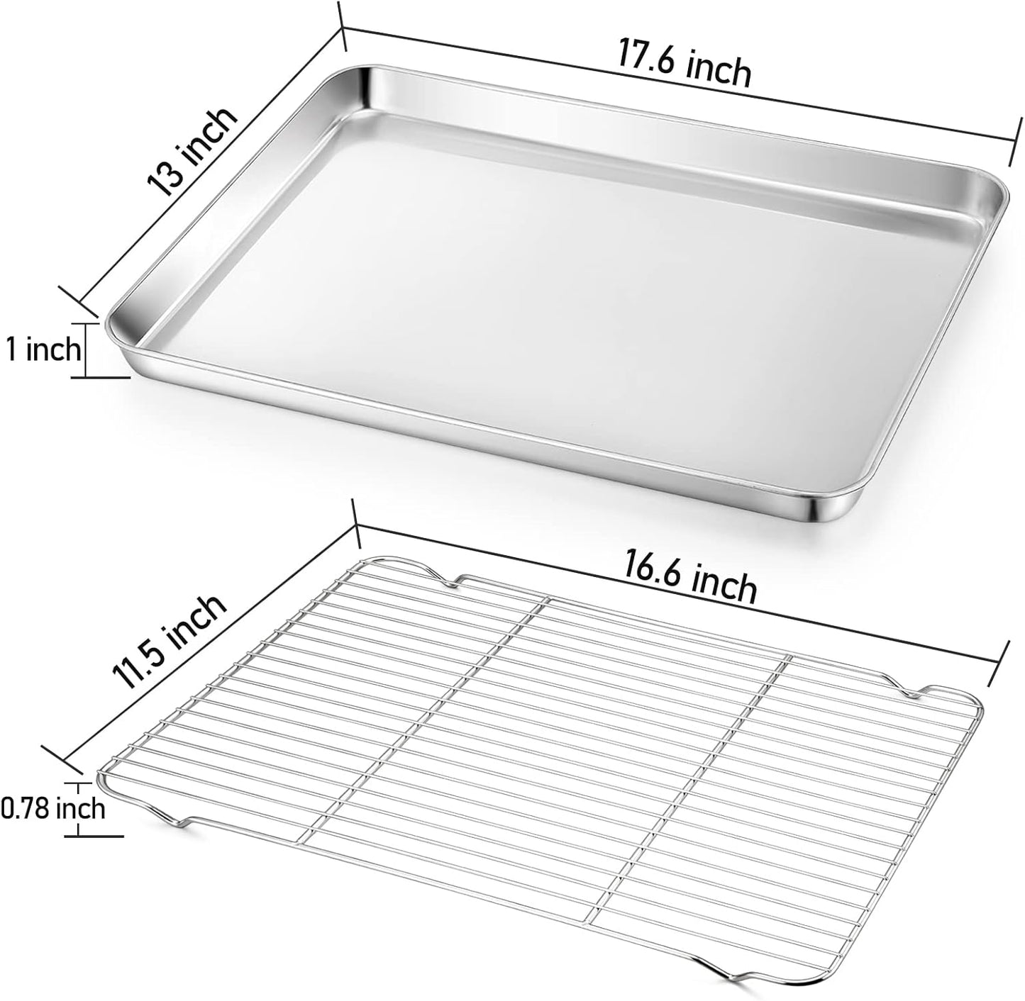 TeamFar Baking Sheet with Rack, 17.6 x 13 x 1 inch Stainless Steel Baking Pan Cookie Sheet Set with Cooling Rack for Baking/Roasting/Cooling, Non-Toxic & Heavy Duty, Dishwasher Safe - Set of 4