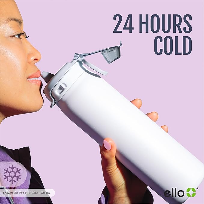 Ello Pop & Fill Stainless Steel Water Bottle with Quick Fill Technology, Double Walled Vacuum Insulated Metal, Leak Proof Locking Lid, Sip & Chug, BPA Free, Holiday Gift for Him Her, 22oz, 32oz, 40oz