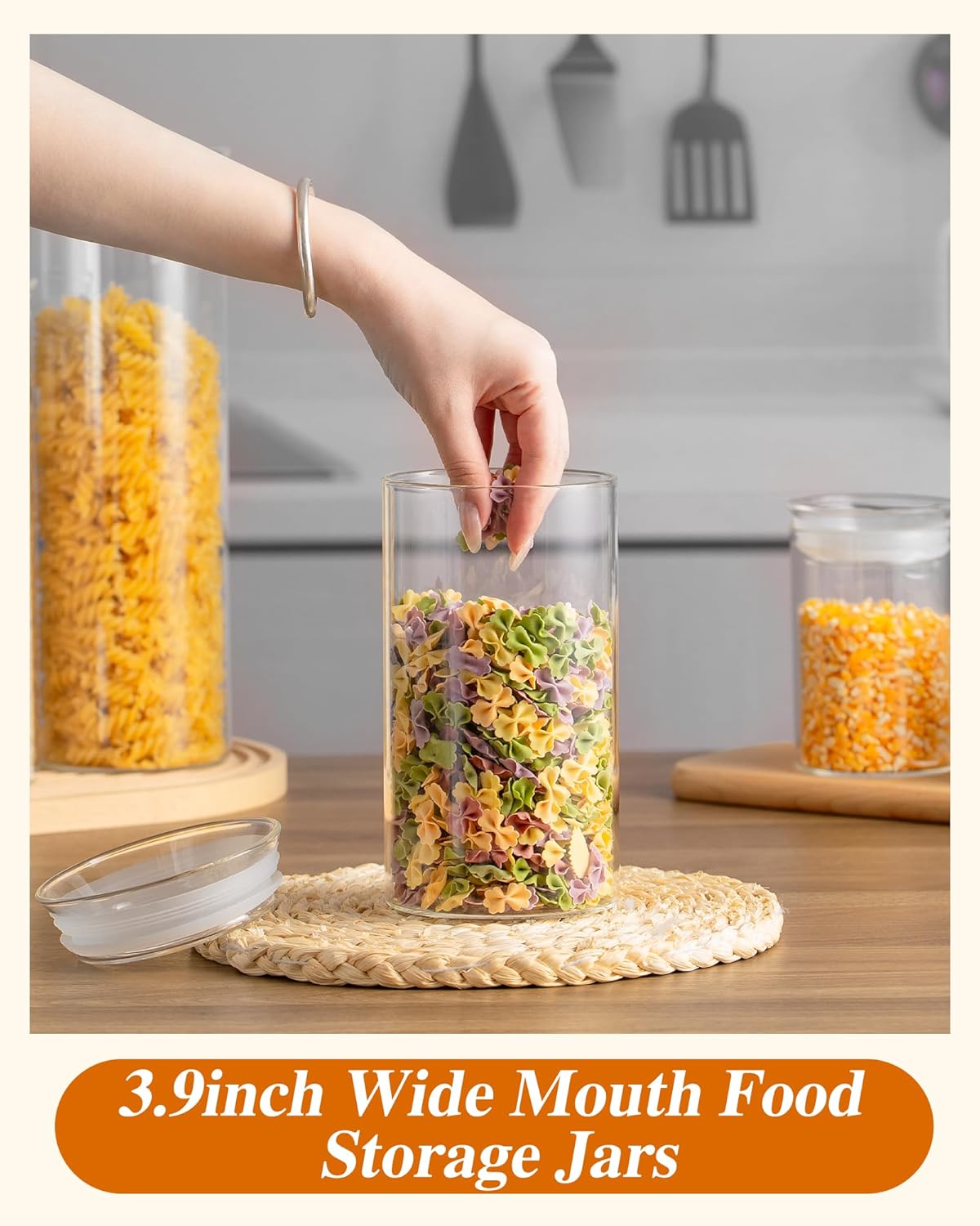 ZENS Modern Glass Food Storage Jars Set of 2, 50oz Clear Glass Canisters with Airtight Lids, Large Container for Kitchen Pantry Pasta, Sugar, Flour, Coffee, Pasta, Tea